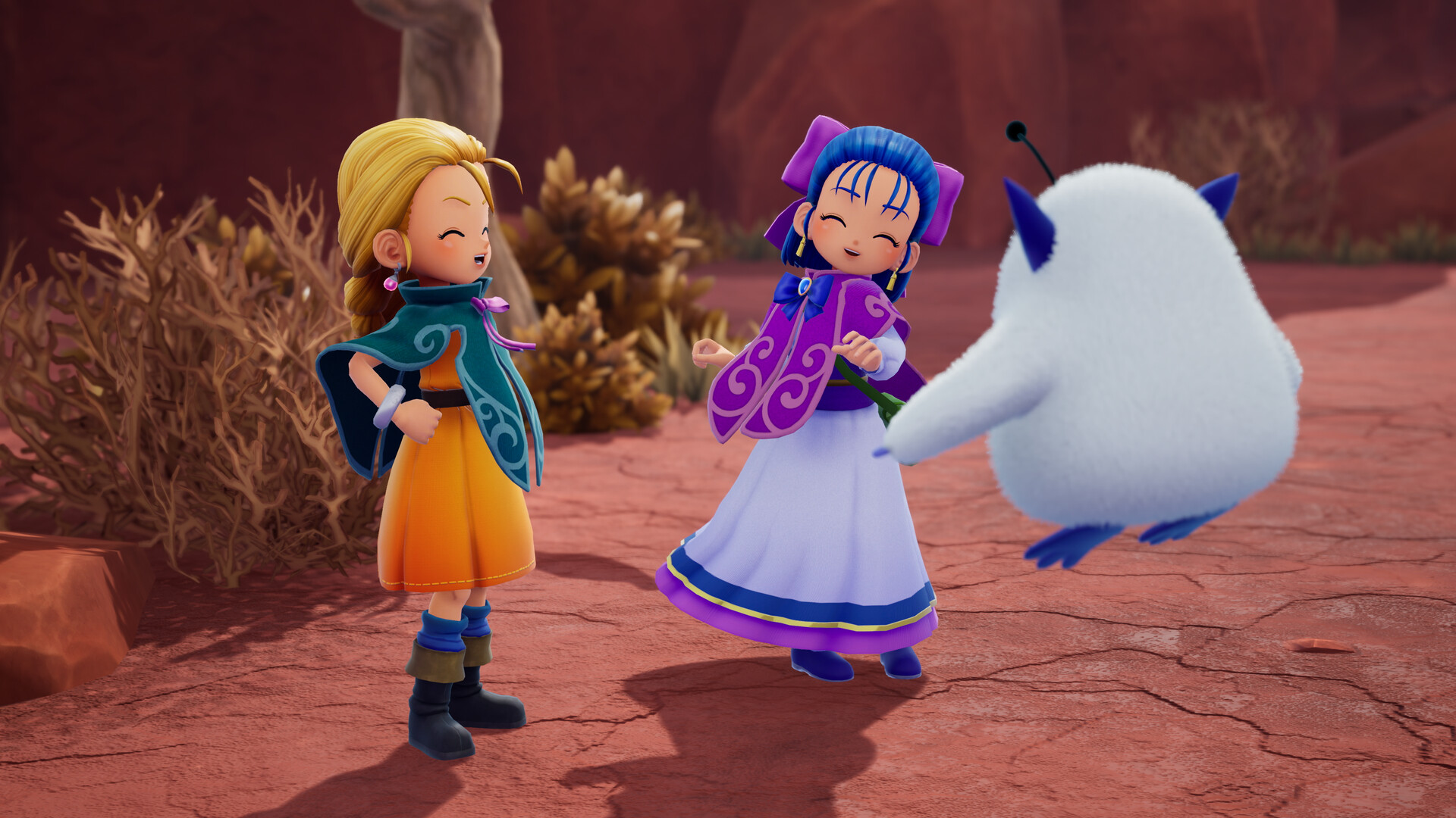 Bianca and Nera standing together in the arid field with Fluffy, the small white creature who guides them