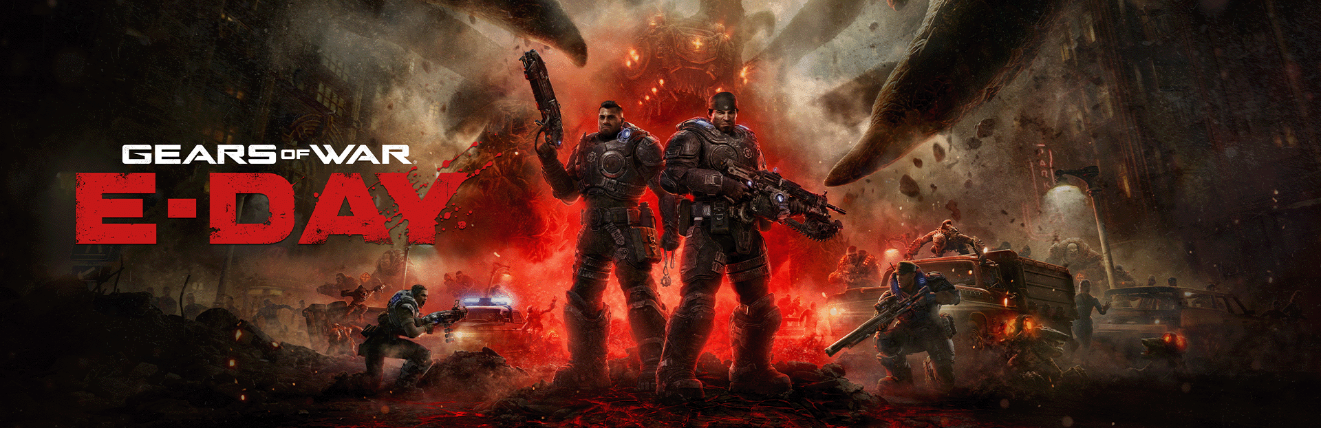 Launch key art with Marcus Fenix and Dominic Santiago standing in a burning city street, two more Gears kneeling with rifles at either side and Locust creatures looming behind them