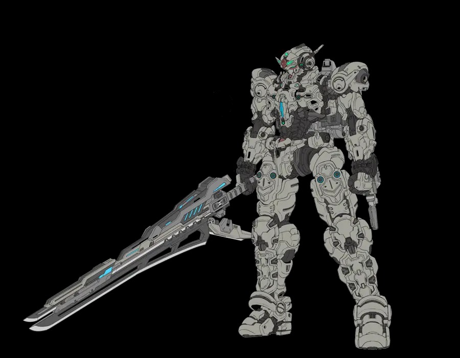 Official mechanical design line art of Gundam Helix seen from the front, showing its bladed weapon and layered armour panels
