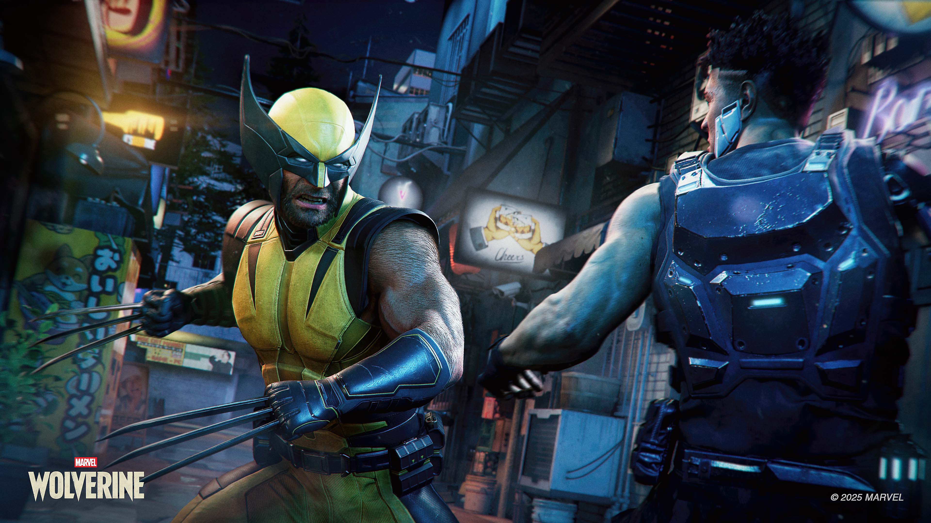 Wolverine in the yellow and blue suit trading blows with a cybernetic Reaver in blue armour in a rainy neon back alley lined with ramen signage