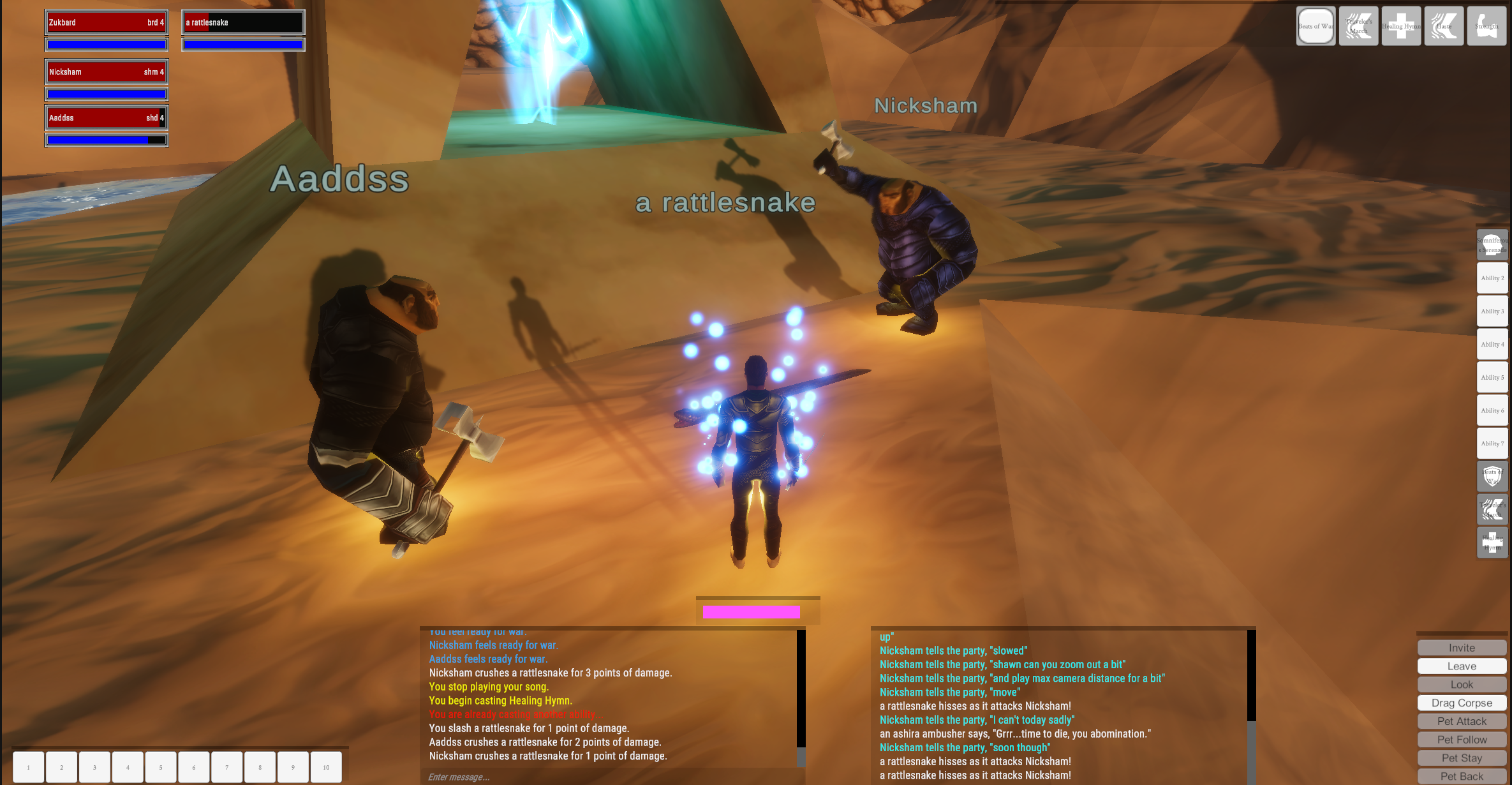 In development gameplay view of a player character casting a spell in a desert canyon with nearby creatures and the combat log open
