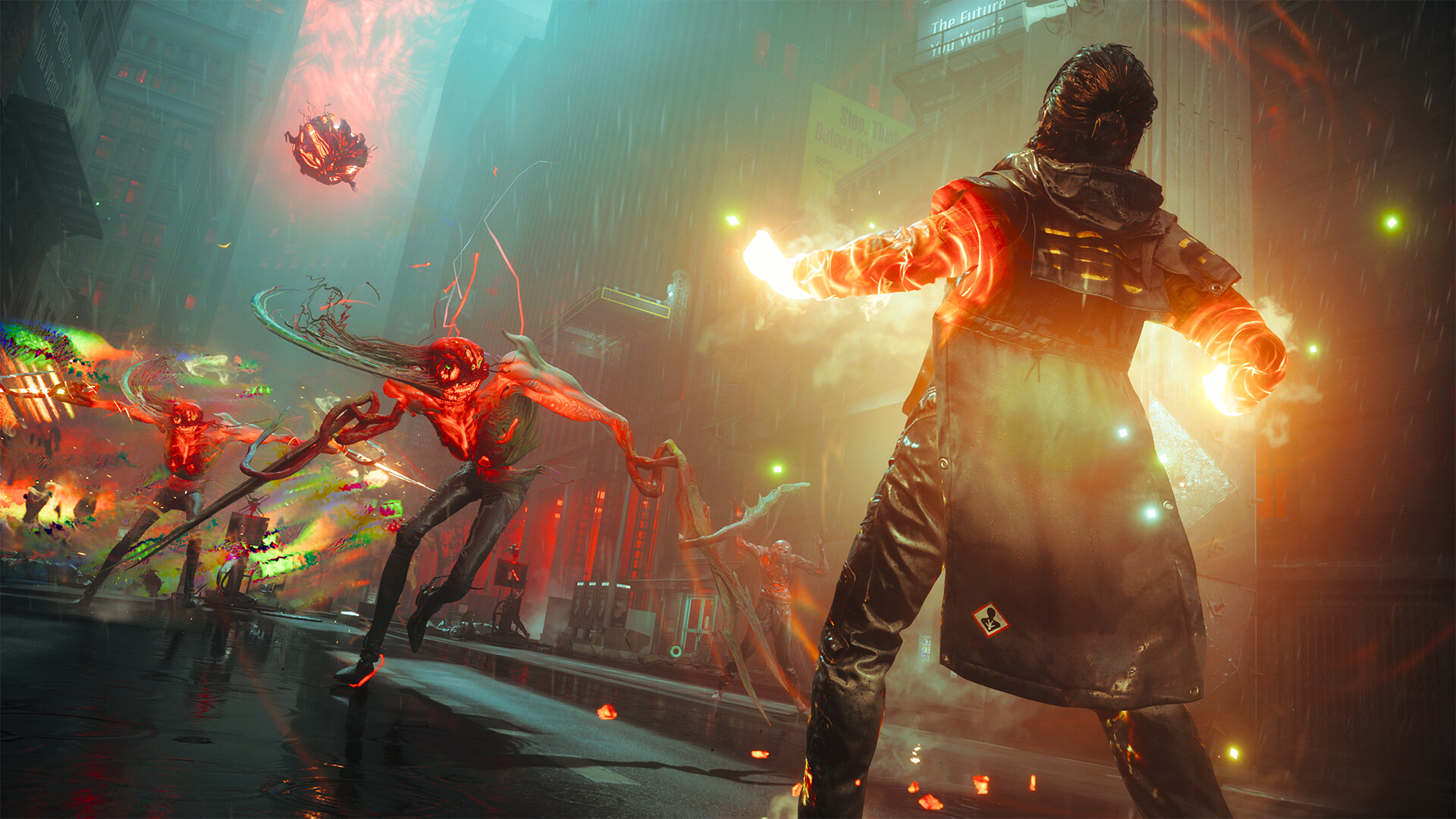 Dylan Faden seen from behind with both hands wreathed in orange paranatural energy, facing red-glowing Hiss-corrupted figures on a rain-slicked Manhattan street at night