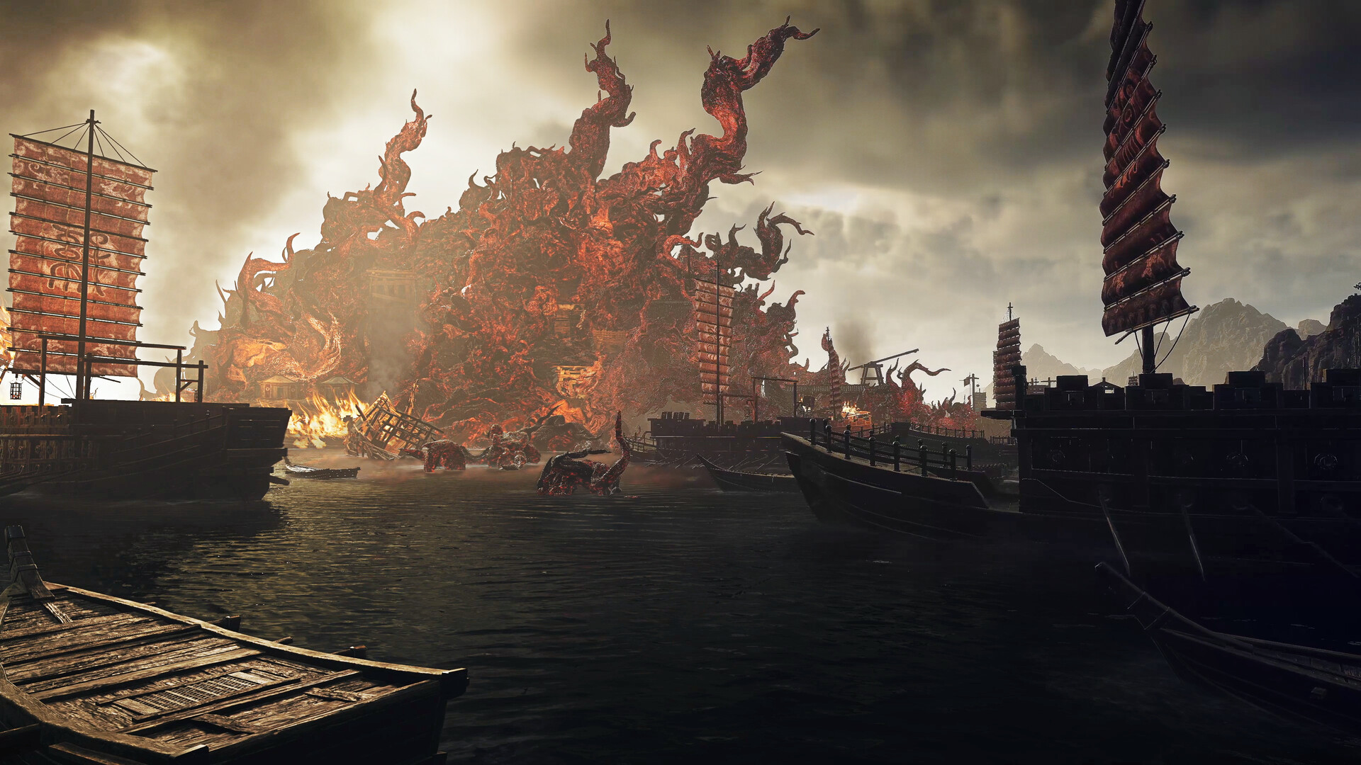 A colossal fire with writhing arms and claws erupts among burning war junks on a wide river in Wo Long 2: Wings of Ember, a pagoda on the far bank