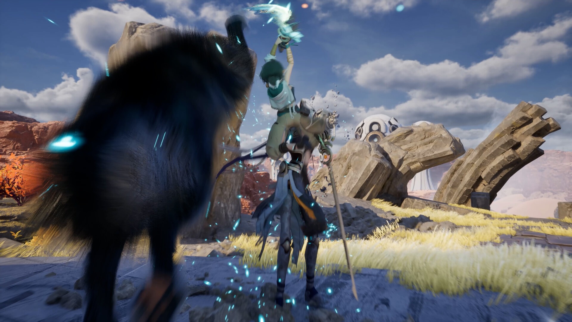 Molly leaps with a glowing cyan blade raised overhead to strike a tall thin humanoid enemy holding a long sword, the giant cat in the foreground and a white mechanical sphere among rocks behind