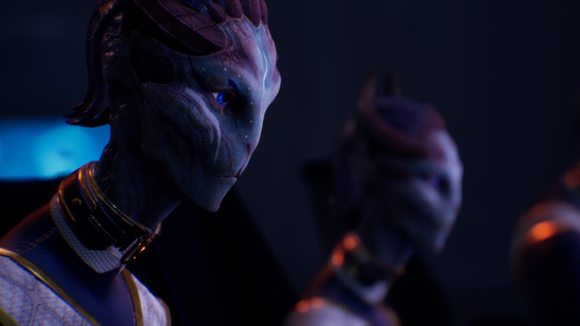 Cinematic close-up of a robed alien character during campaign dialogue, with a second alien out of focus behind