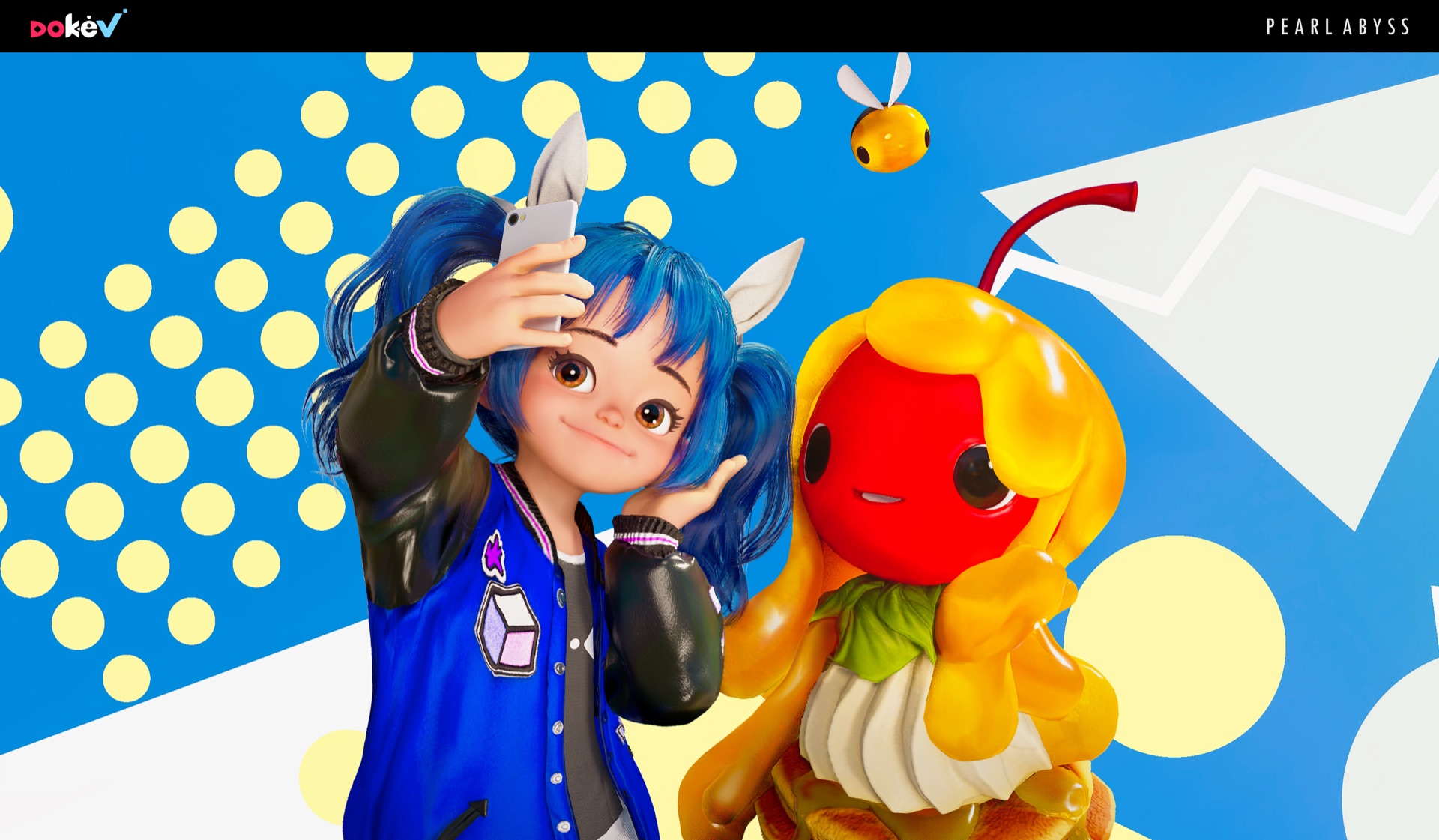 Official DokeV art of a character taking a selfie beside a parfait-shaped Dokebi and a small flying Dokebi
