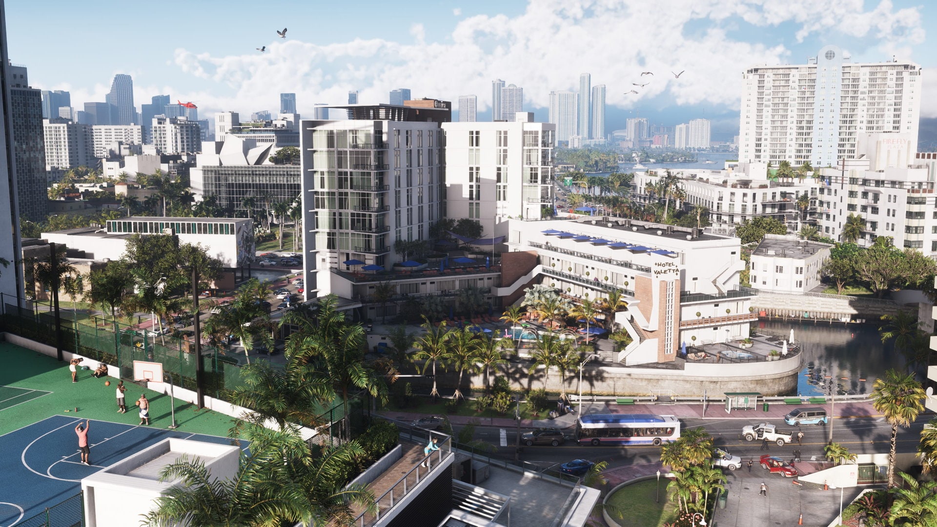 Vice City downtown area with modern buildings and a basketball court