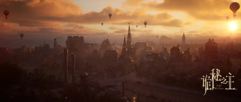 Official in-game cityscape from Lord of Mysteries at dusk, with hot air balloons drifting over a gaslit Victorian skyline