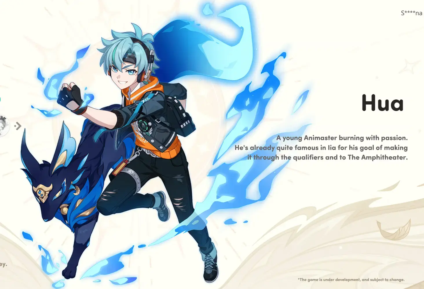 Hua character art — blue-haired aspiring Animaster with street style