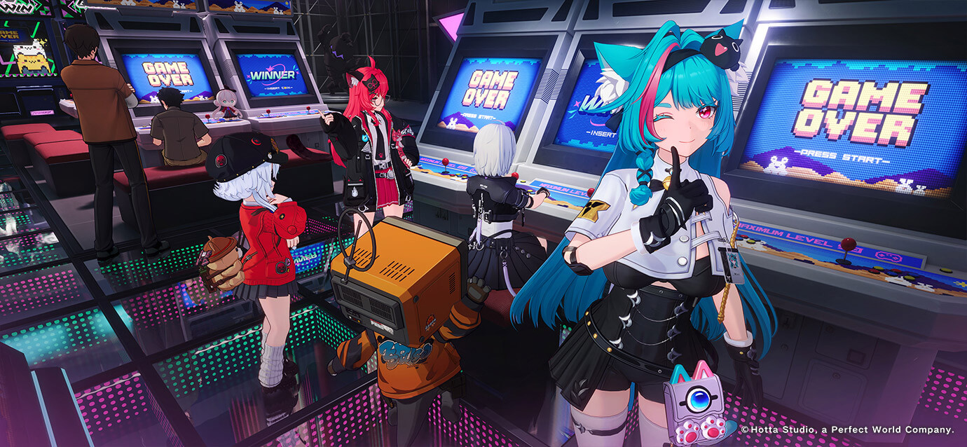 The Eibon crew gathered in the arcade, a slice of life scene featuring members of the antique shop