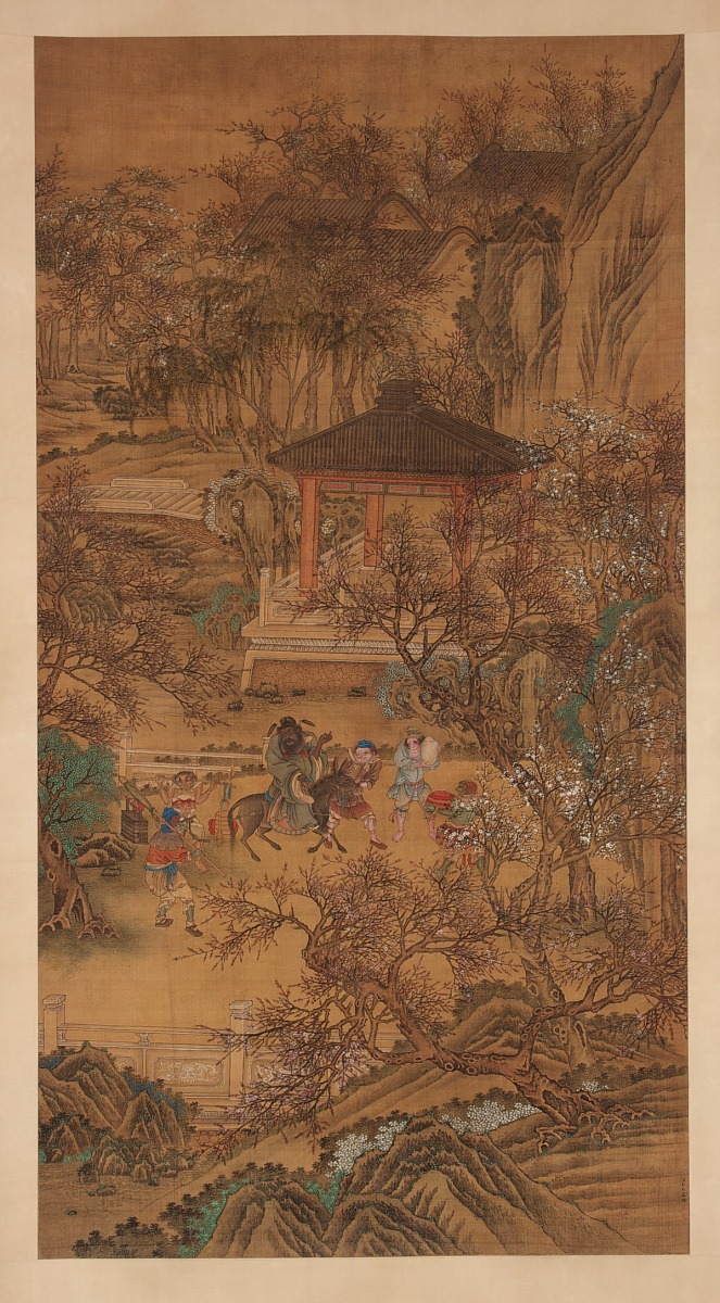 Zhong Kui the Demon Queller Patrolling the Palace, riding a donkey under blossoming peach trees - Smithsonian National Museum of Asian Art
