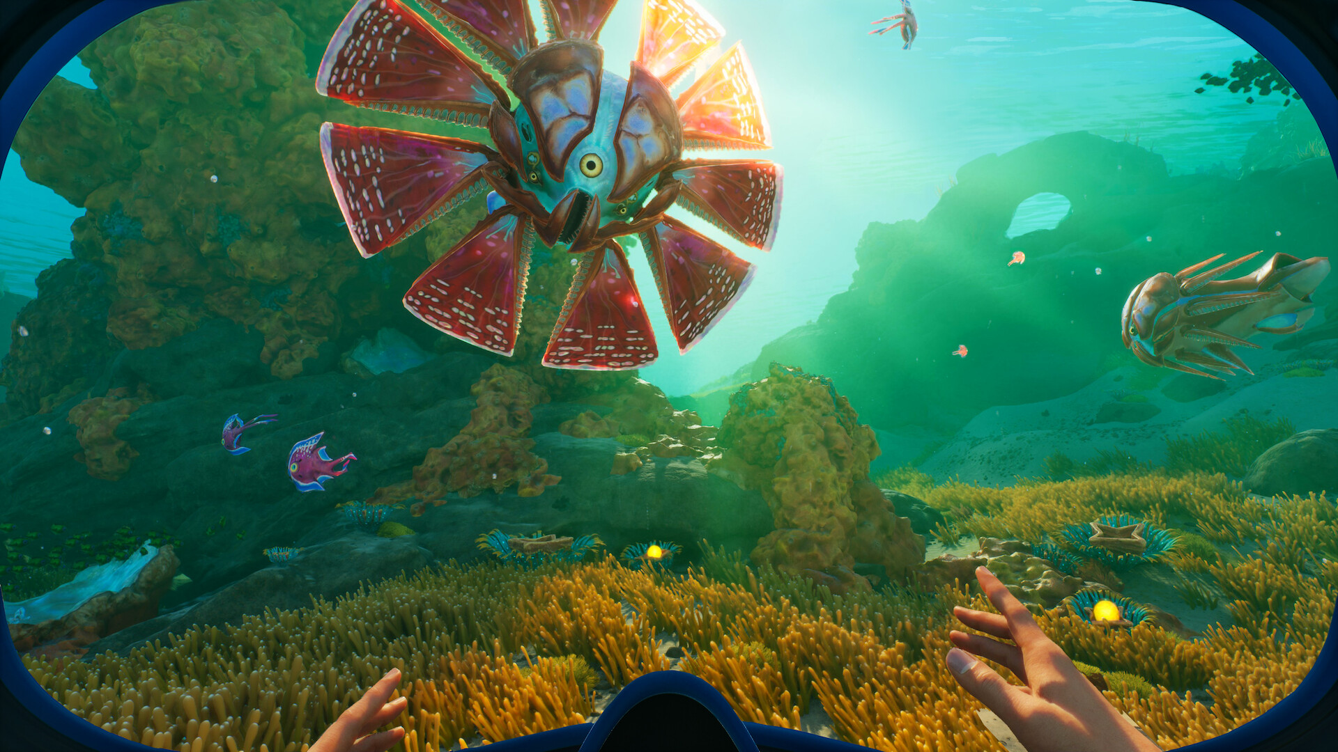 Alien fish creature with distinctive fan-like fins in Subnautica 2