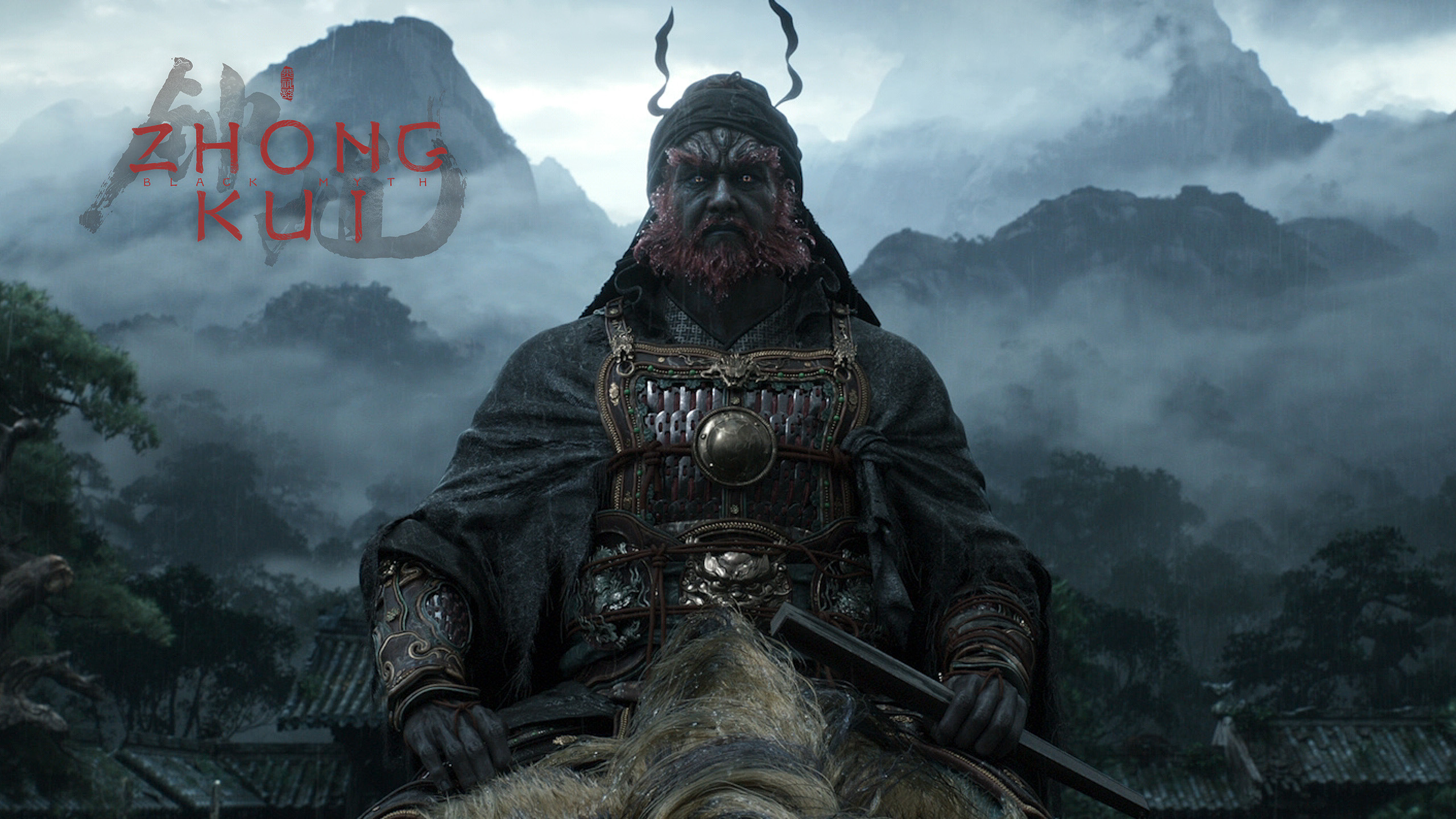 Zhong Kui arriving in a rain-soaked town atop his giant tiger, flanked by ogres carrying his massive sword