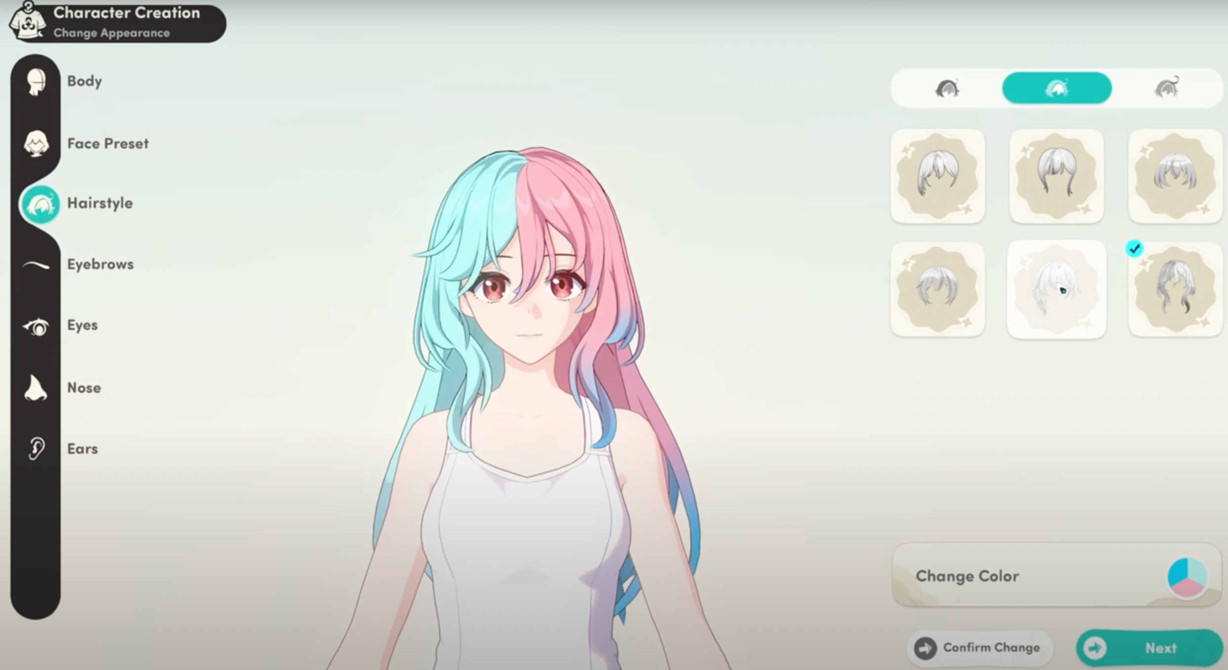 Character customization — appearance editor with hair, face, and body options