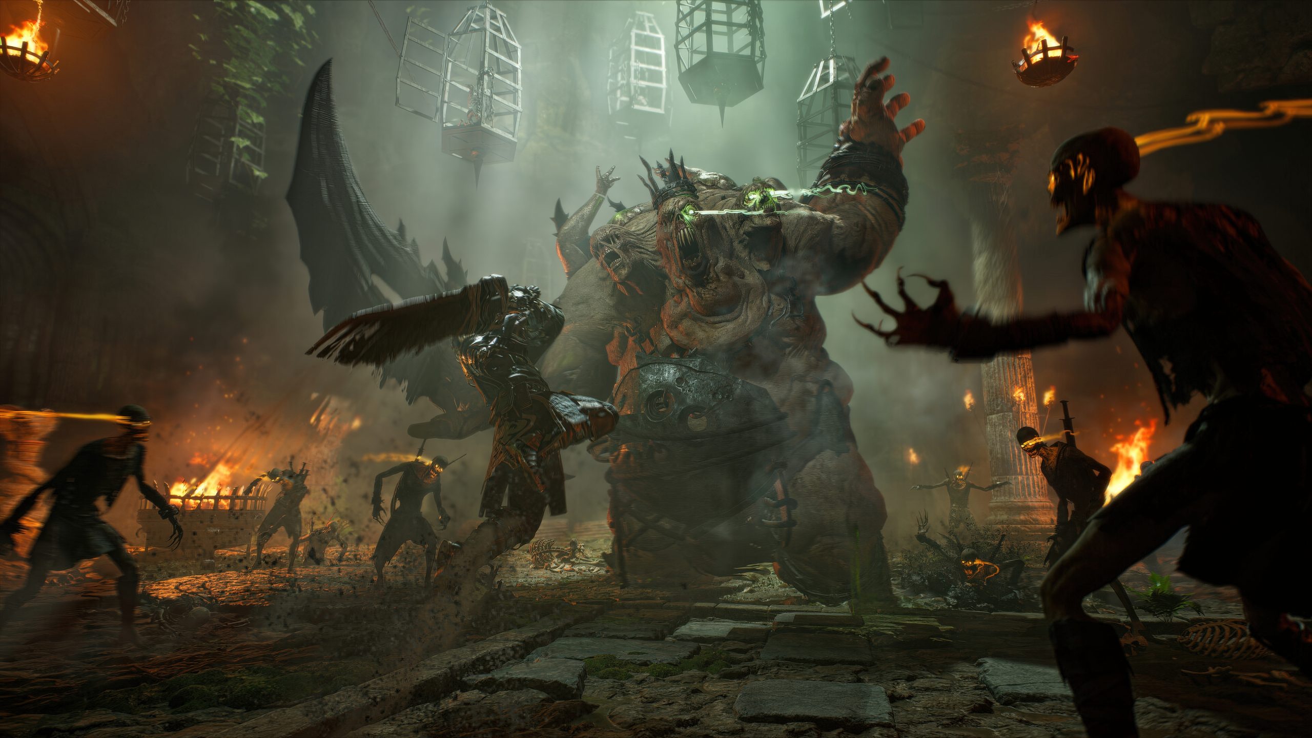 ArcheAge Chronicles dark combat - warrior fighting giant monster amid fire and undead