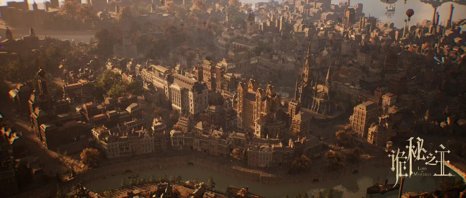 Official in-game view of a Loen-world city in Lord of Mysteries, with dense Victorian architecture and a steam-era skyline along a river
