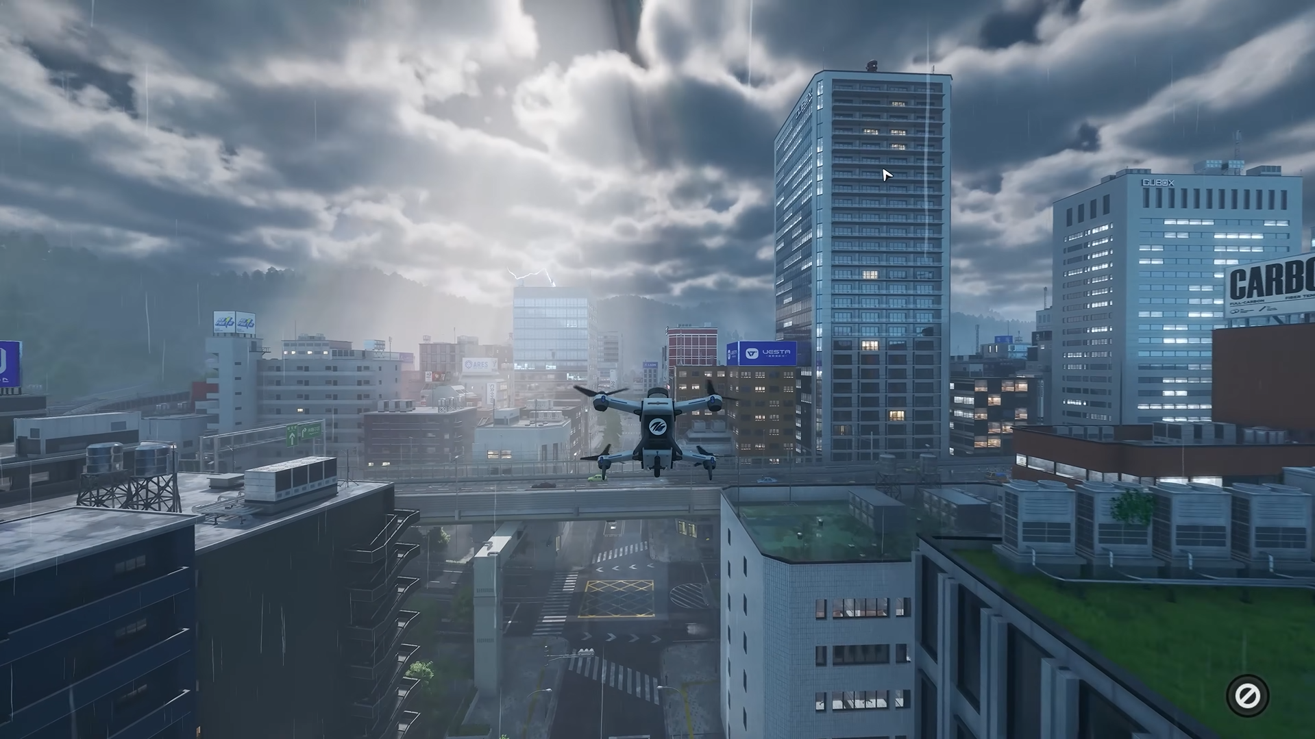 Rainy street scene in Hethereau showing dynamic weather effects