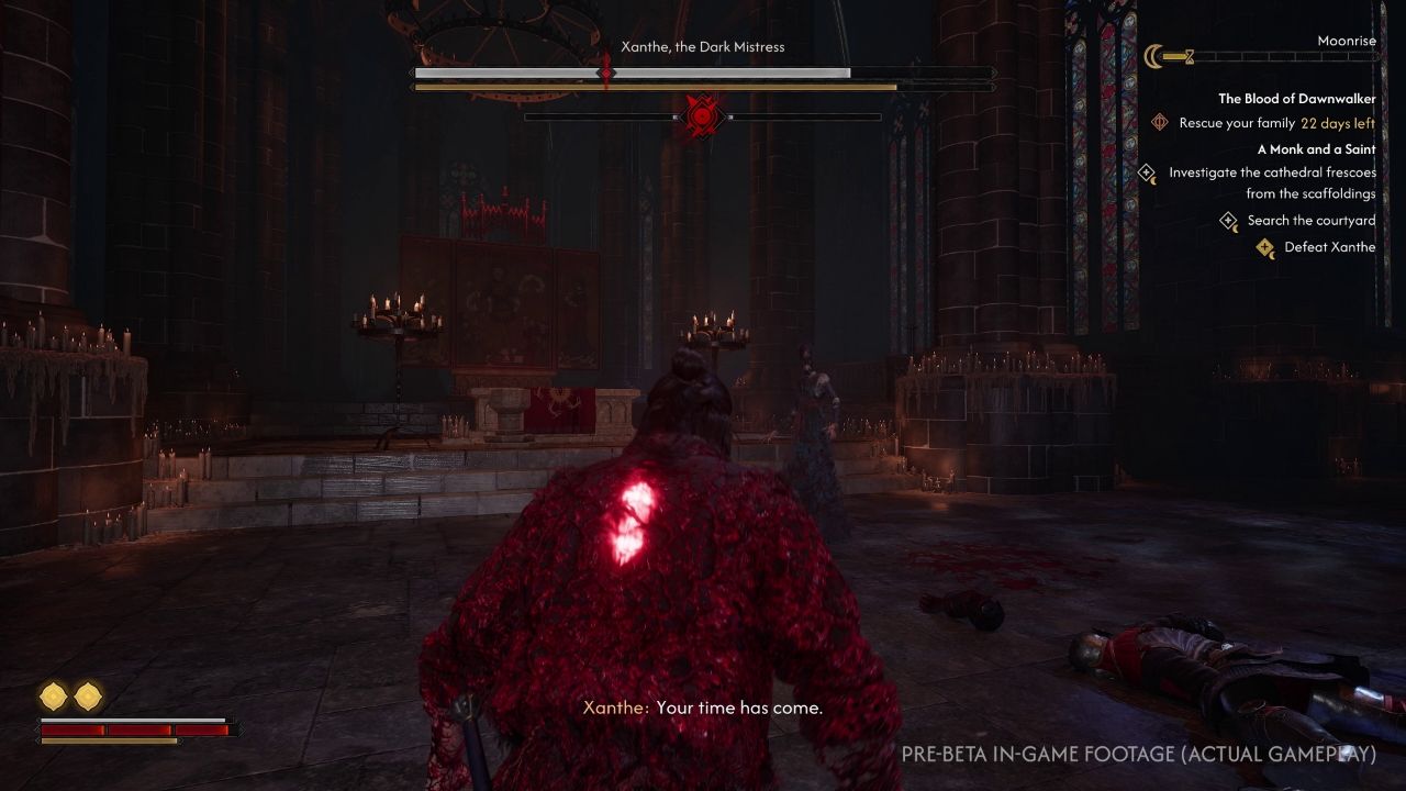 Boss fight against Xanthe — confronting the ancient vampire priestess in the cathedral