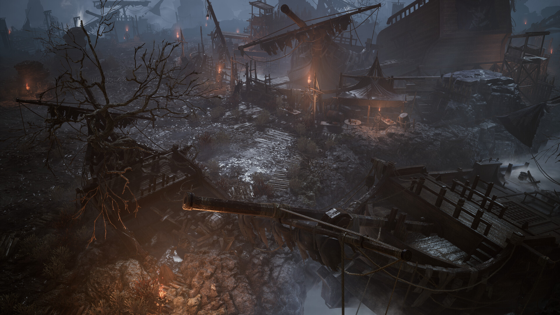 Wrecked ships half-buried in mist and mud across a torchlit shoreline, the kind of sunken-vessel field where Queen Aquerina holds the Shipwreck's Graveyard