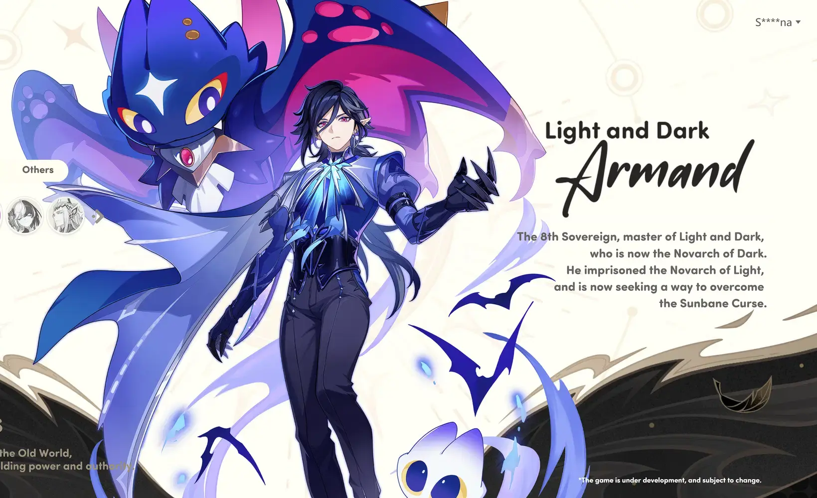 Armand character art — the 17th Novarch of Dark afflicted by the Sunbane Curse