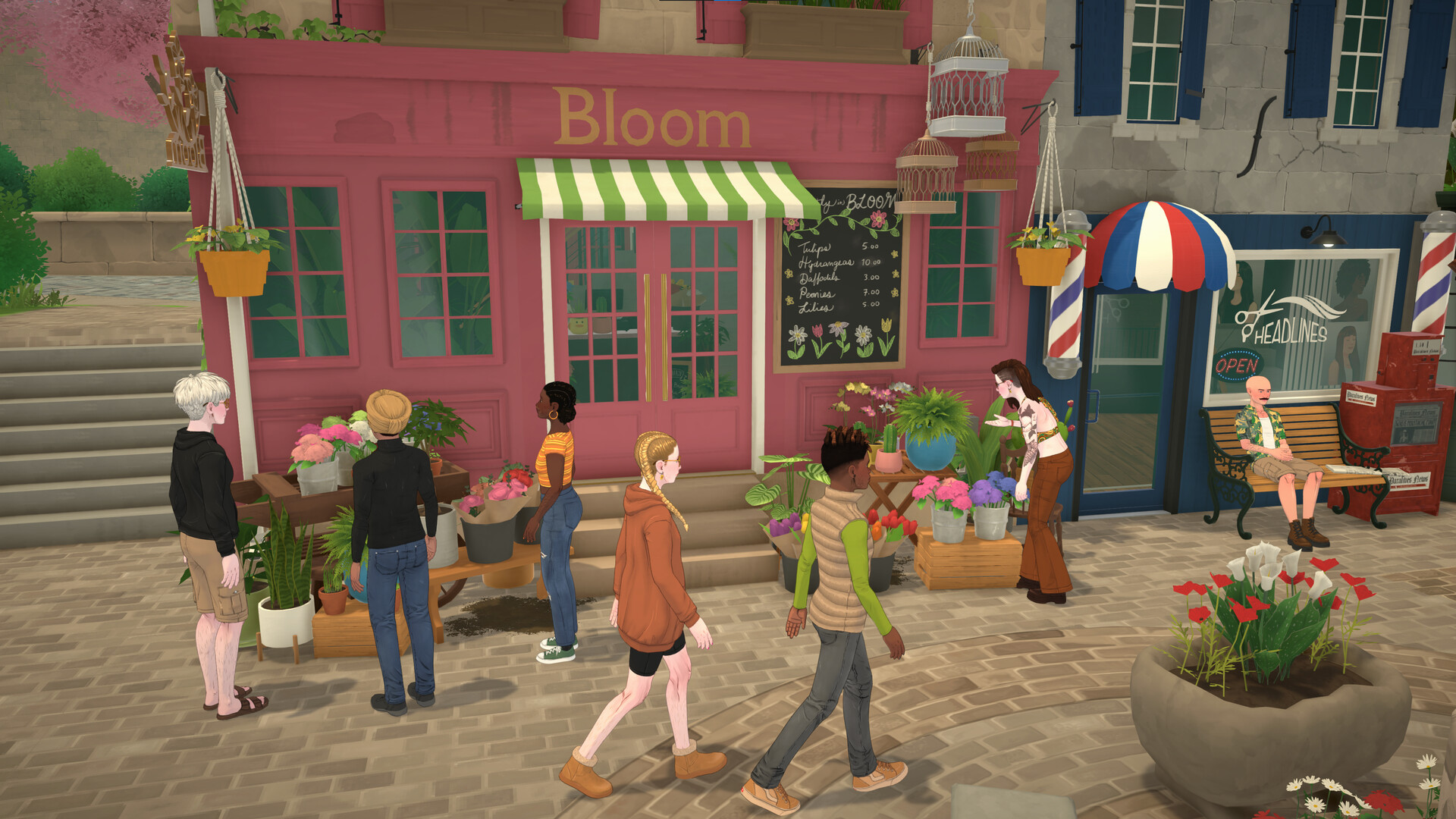 Parafolk walking past the Bloom flower shop and a barber shop on a Paralives town street