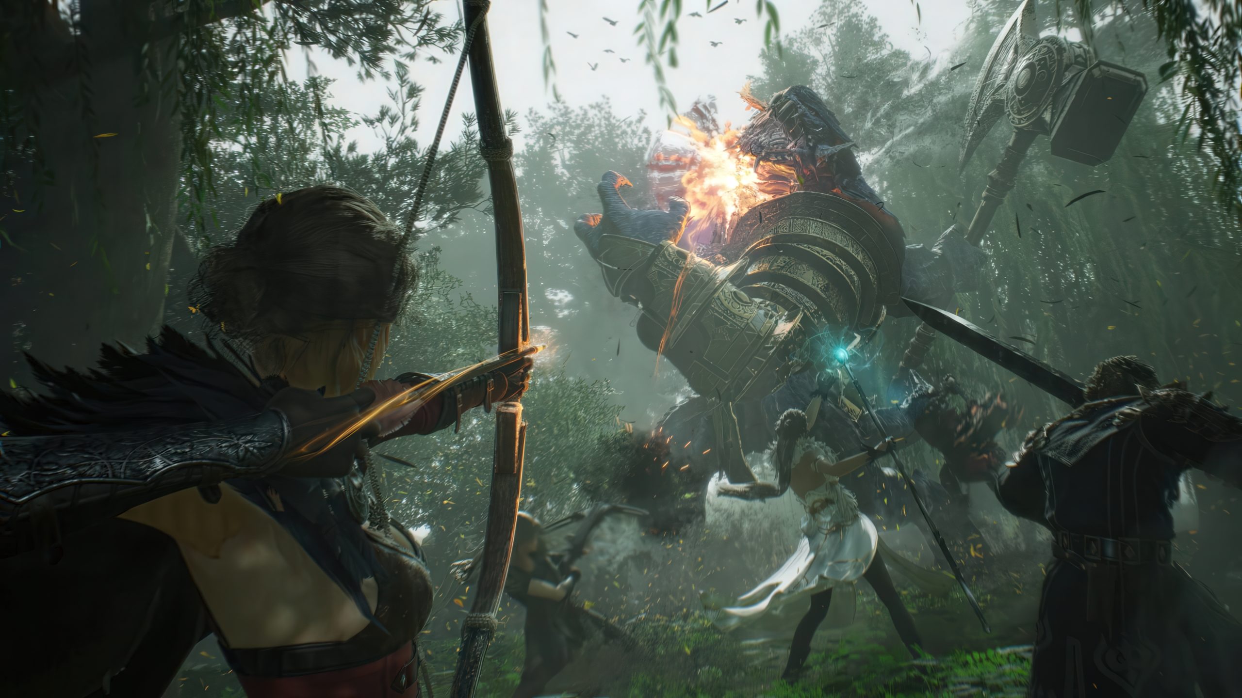 ArcheAge Chronicles battle - archers and warriors fighting a giant armored creature in a forest