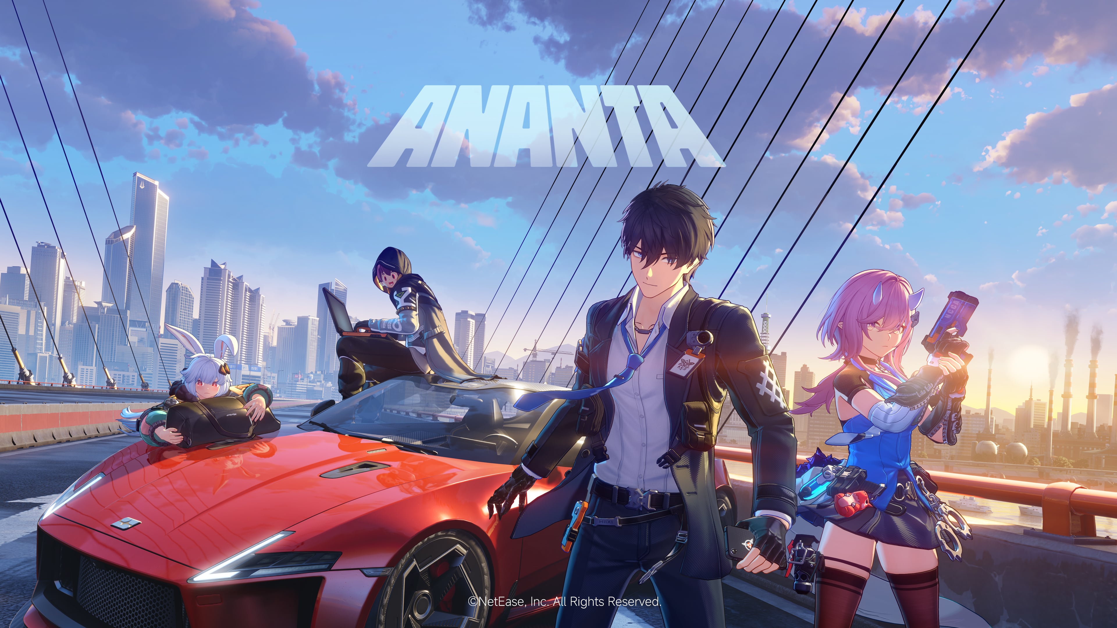 The main cast of Ananta gathered on a bridge at sunset with a red sports car