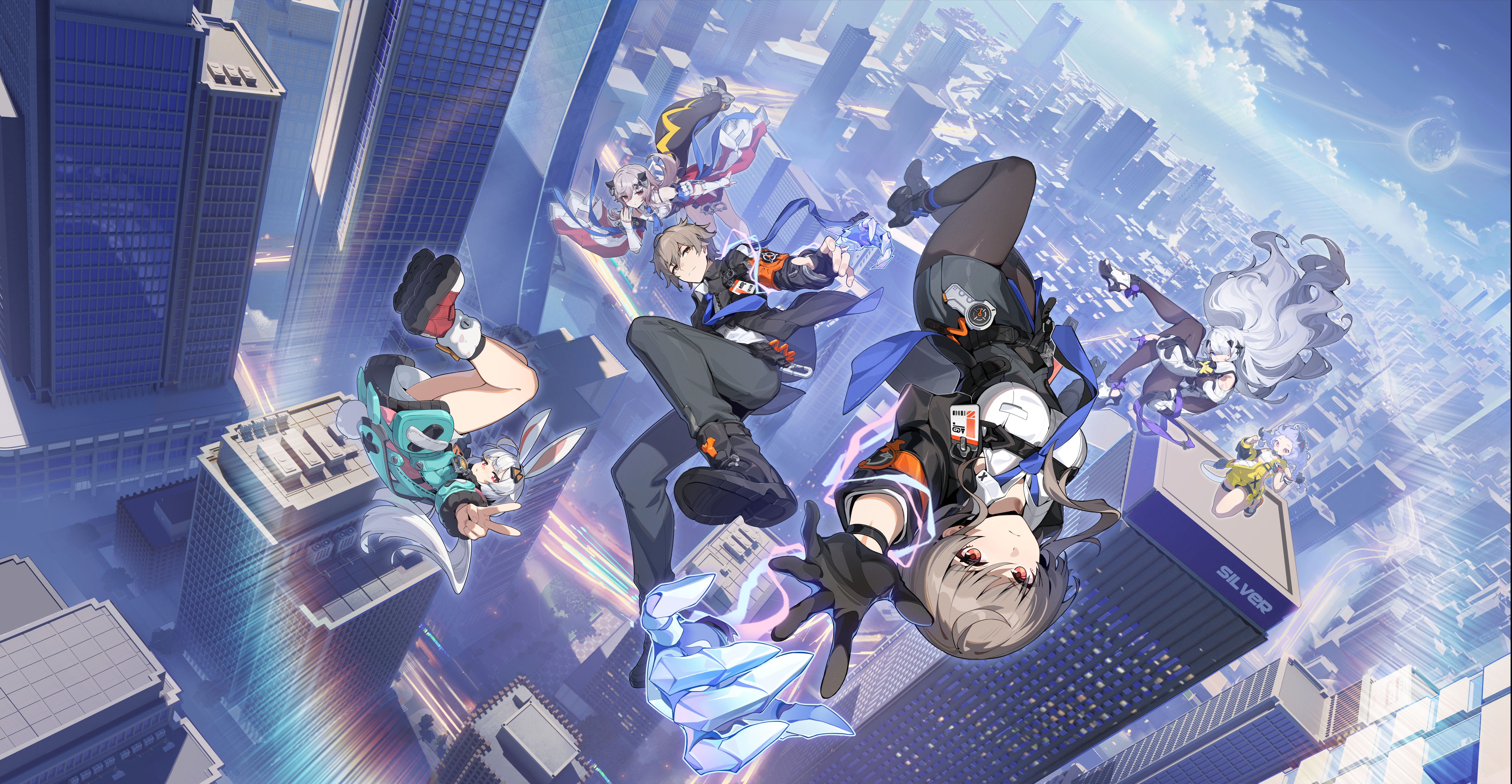 Ananta pre-registration key art showing multiple characters falling through the sky past Nova City skyscrapers