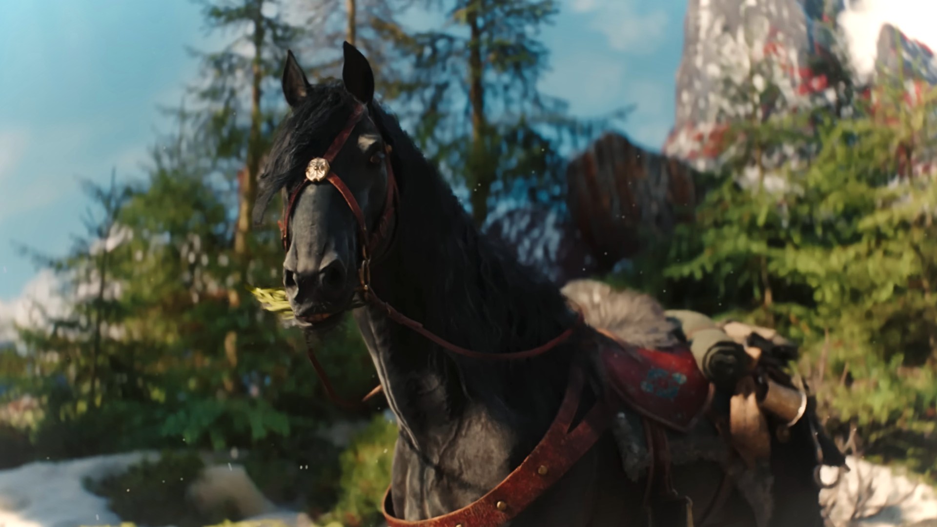 Kelpie the black mare in the Kovir forests from The Witcher IV tech demo