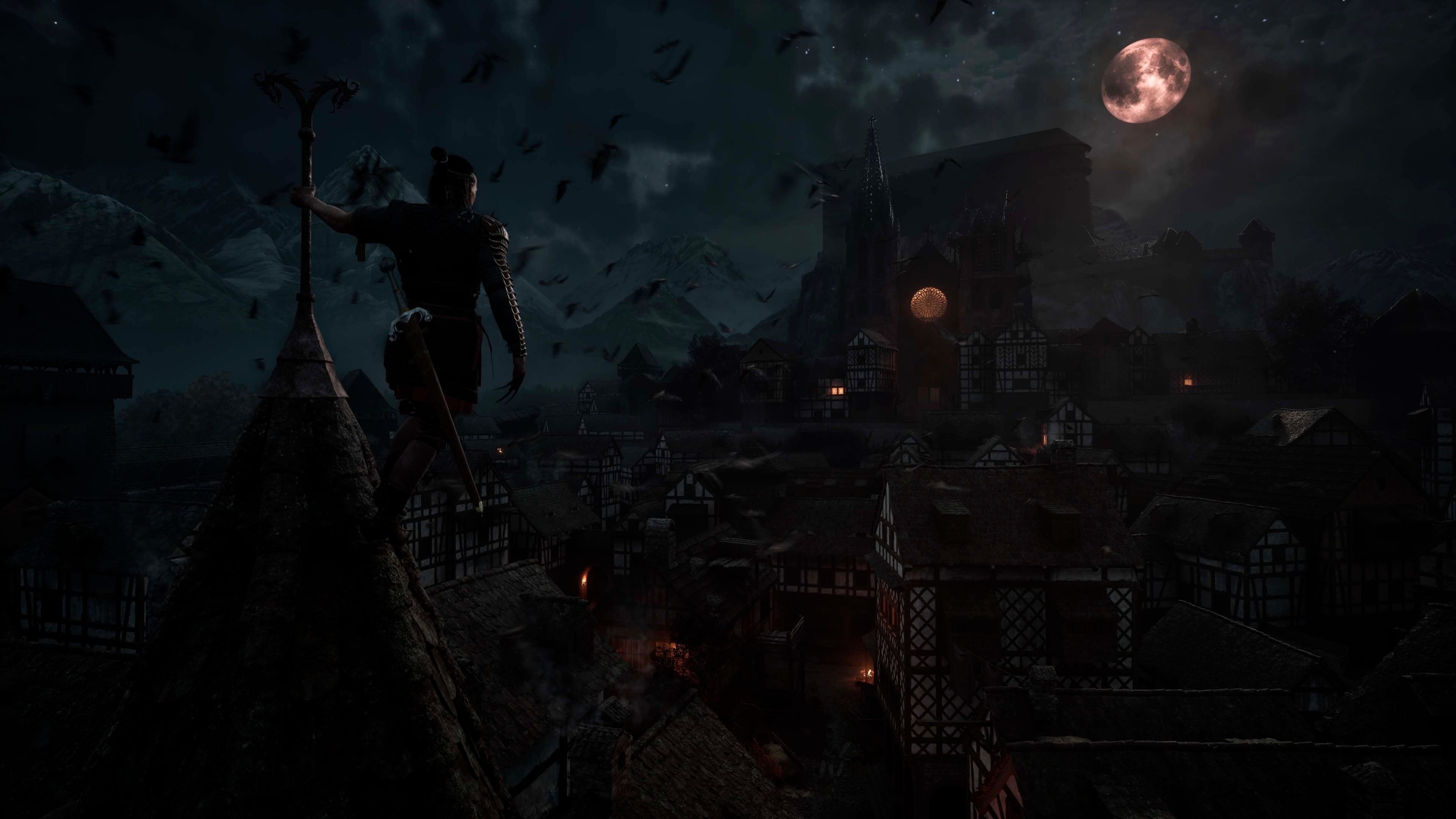 Gameplay screenshot — vampiric combat encounter at night
