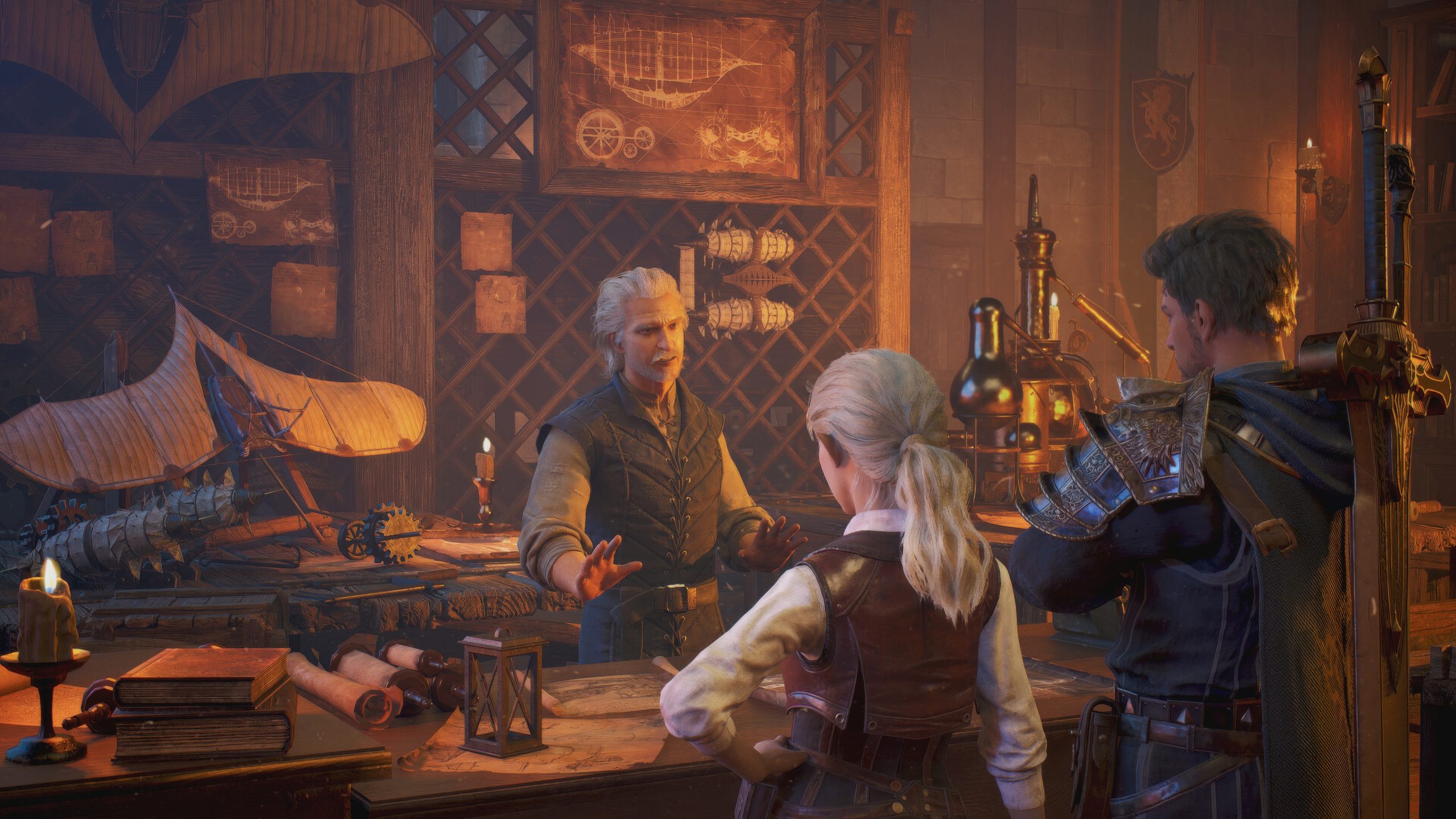 ArcheAge Chronicles trade scene - characters planning in a candle-lit workshop with ship models