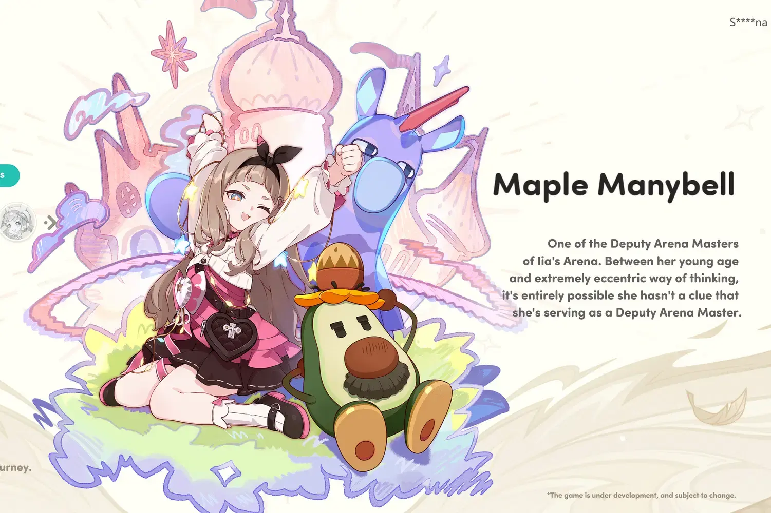 Maple Manybell character art — eccentric Deputy Arena Master in pink dress