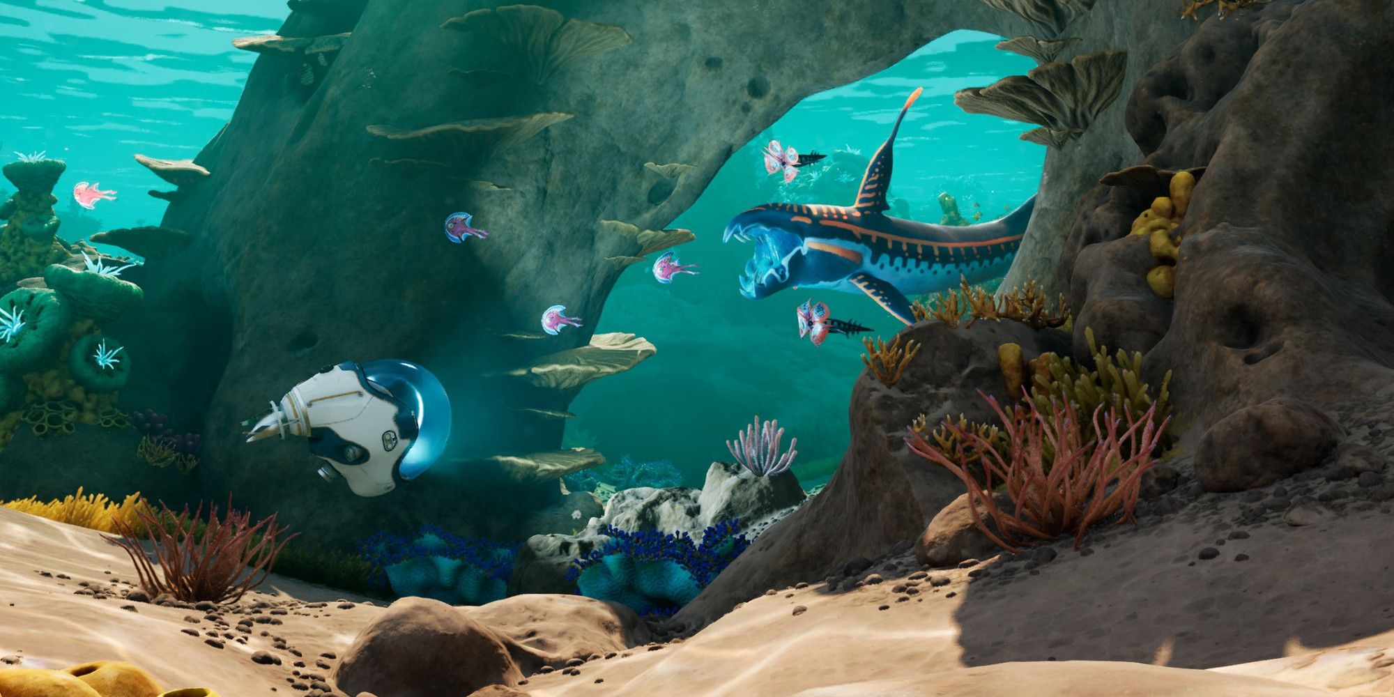 Early Subnautica 2 development screenshot showing underwater ship approaching alien creatures