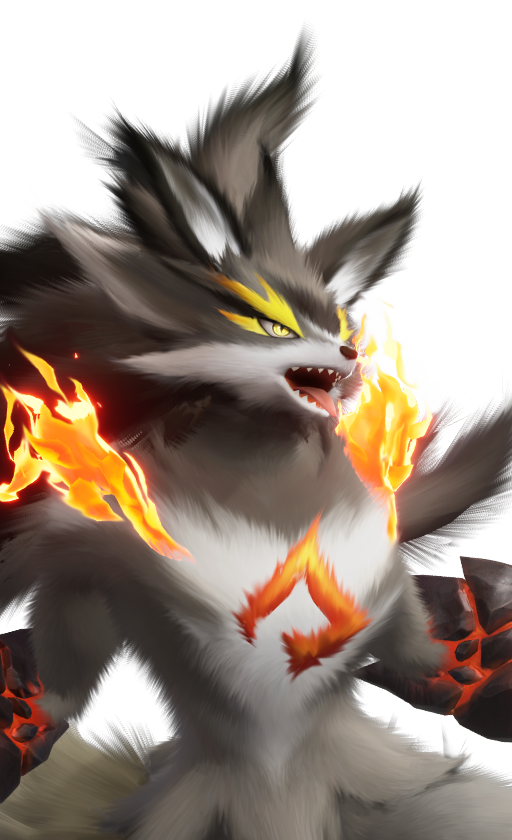 Official full-body artwork of the Aniimo Scorchhowl in its Highland Form, a Fire and Rock element DPS role creature