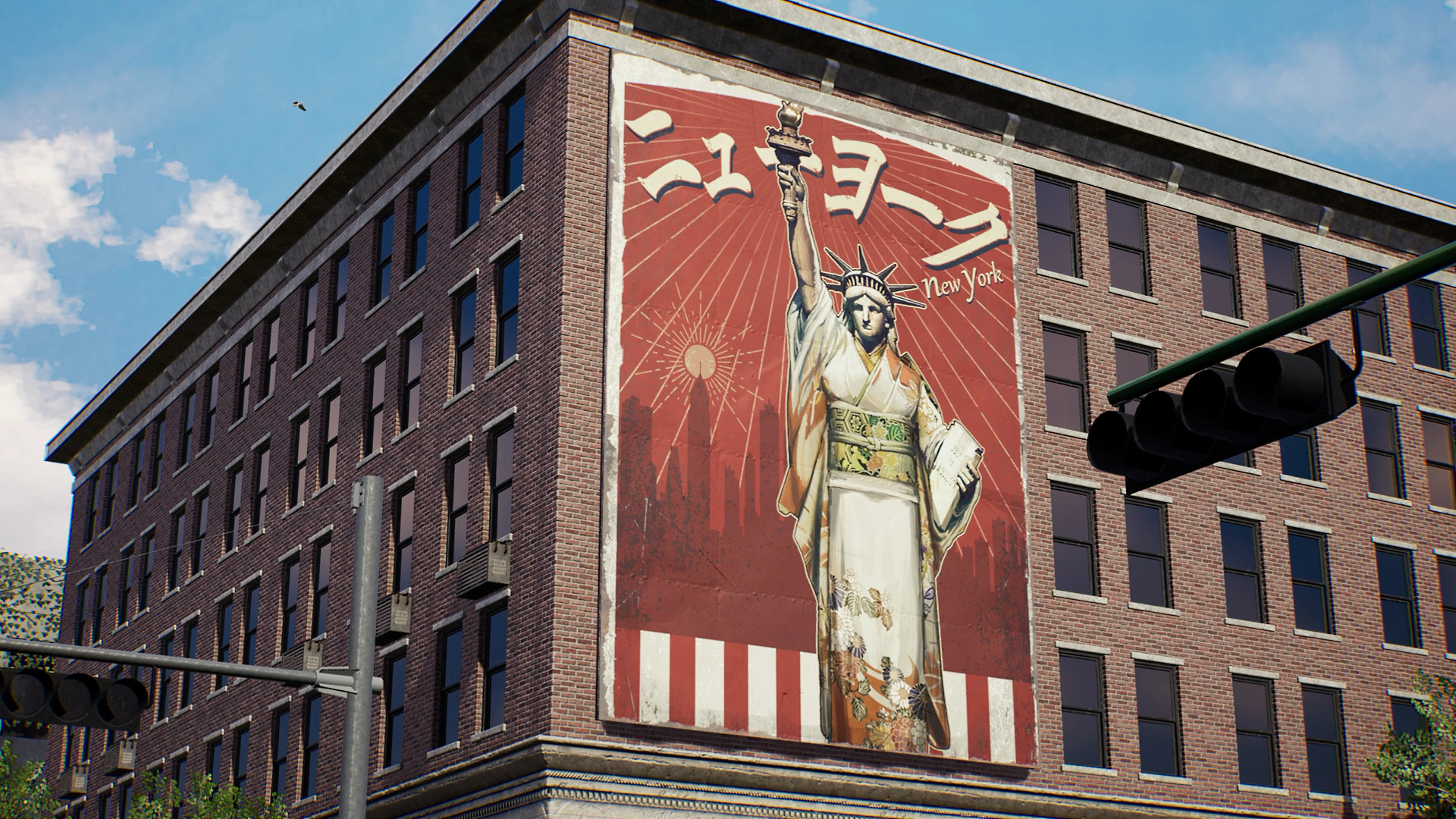 A weathered mural on a brick building corner showing the Statue of Liberty wearing a kimono, captioned in katakana and English as New York