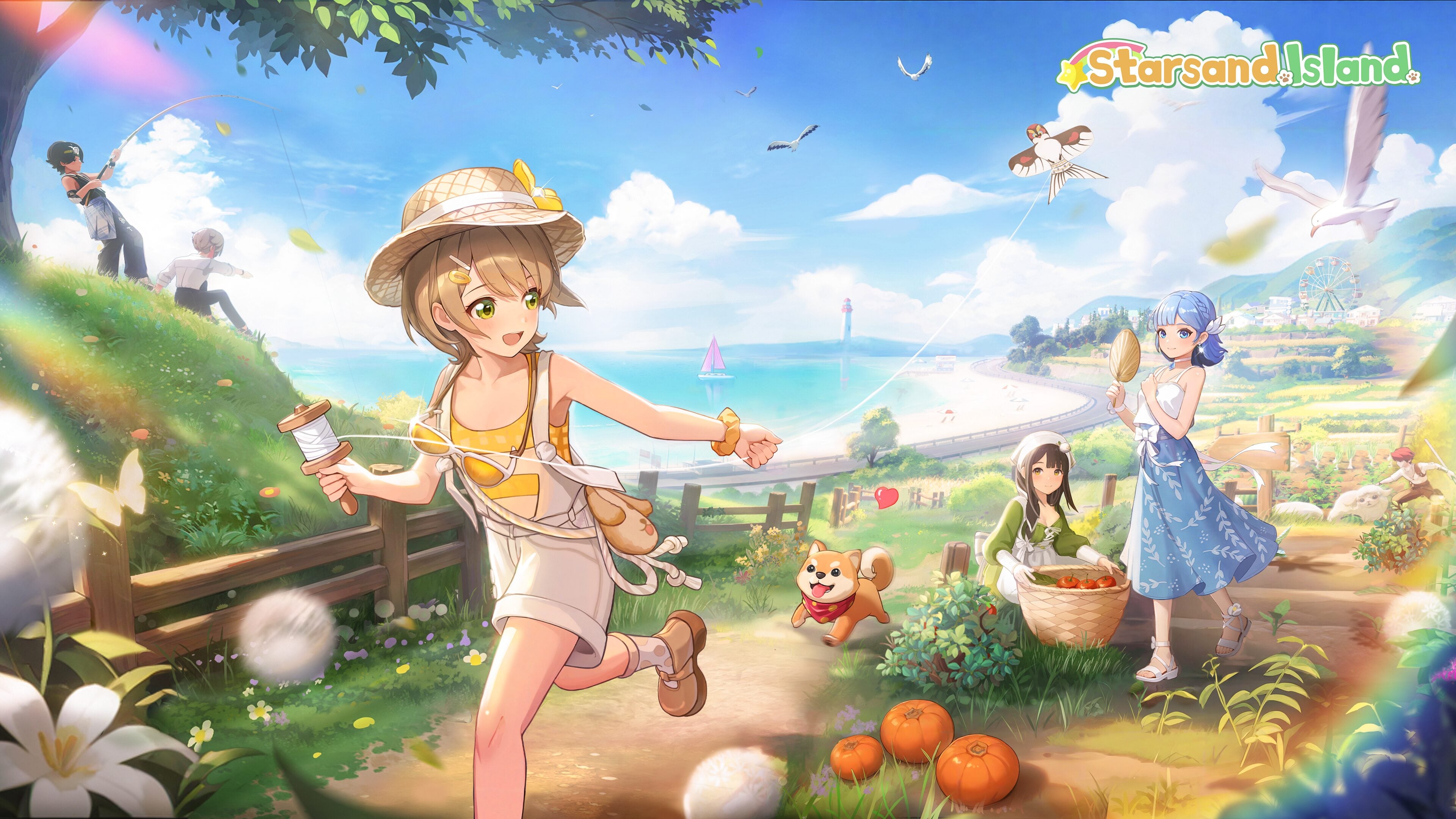 Starsand Island key art featuring Solara, Serena, and other islanders in a sunny island scene