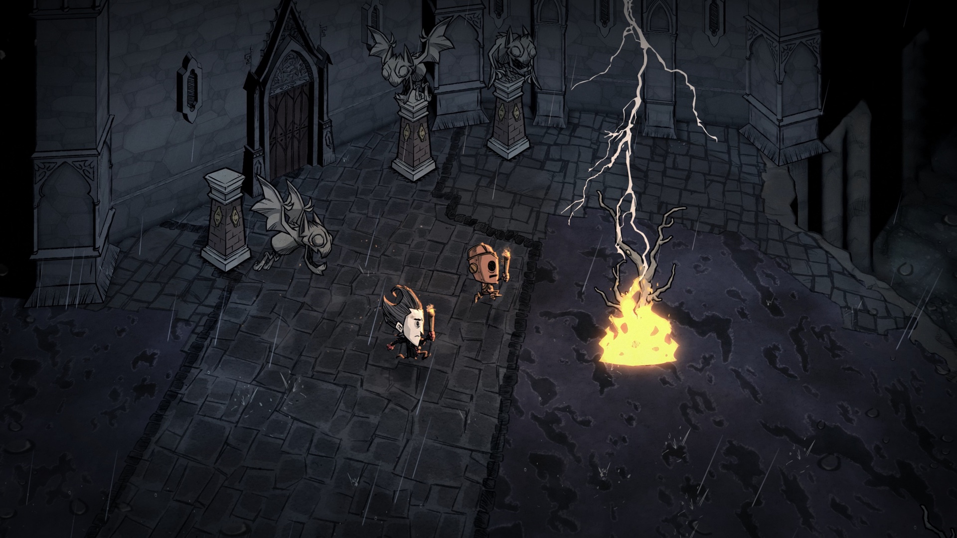 Two survivors crossing a rain-swept stone courtyard past carved gargoyle statues as lightning sets a tree alight