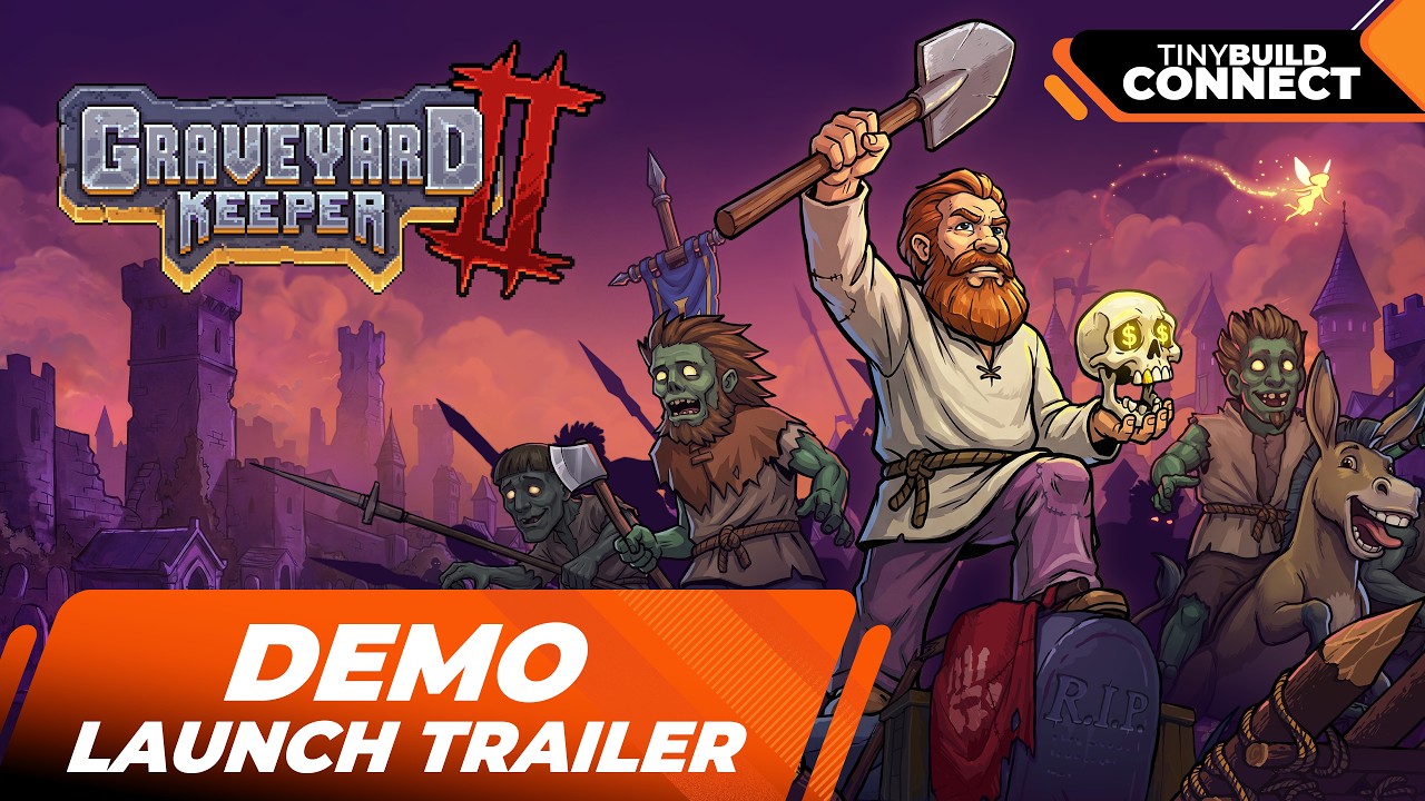 Graveyard Keeper 2 demo launch trailer thumbnail from the publisher showcase of 14 September 2026, with the red-bearded Inquisitor raising a shovel and holding a coin-eyed skull beside armed zombies, a donkey and a small fairy under a purple sky
