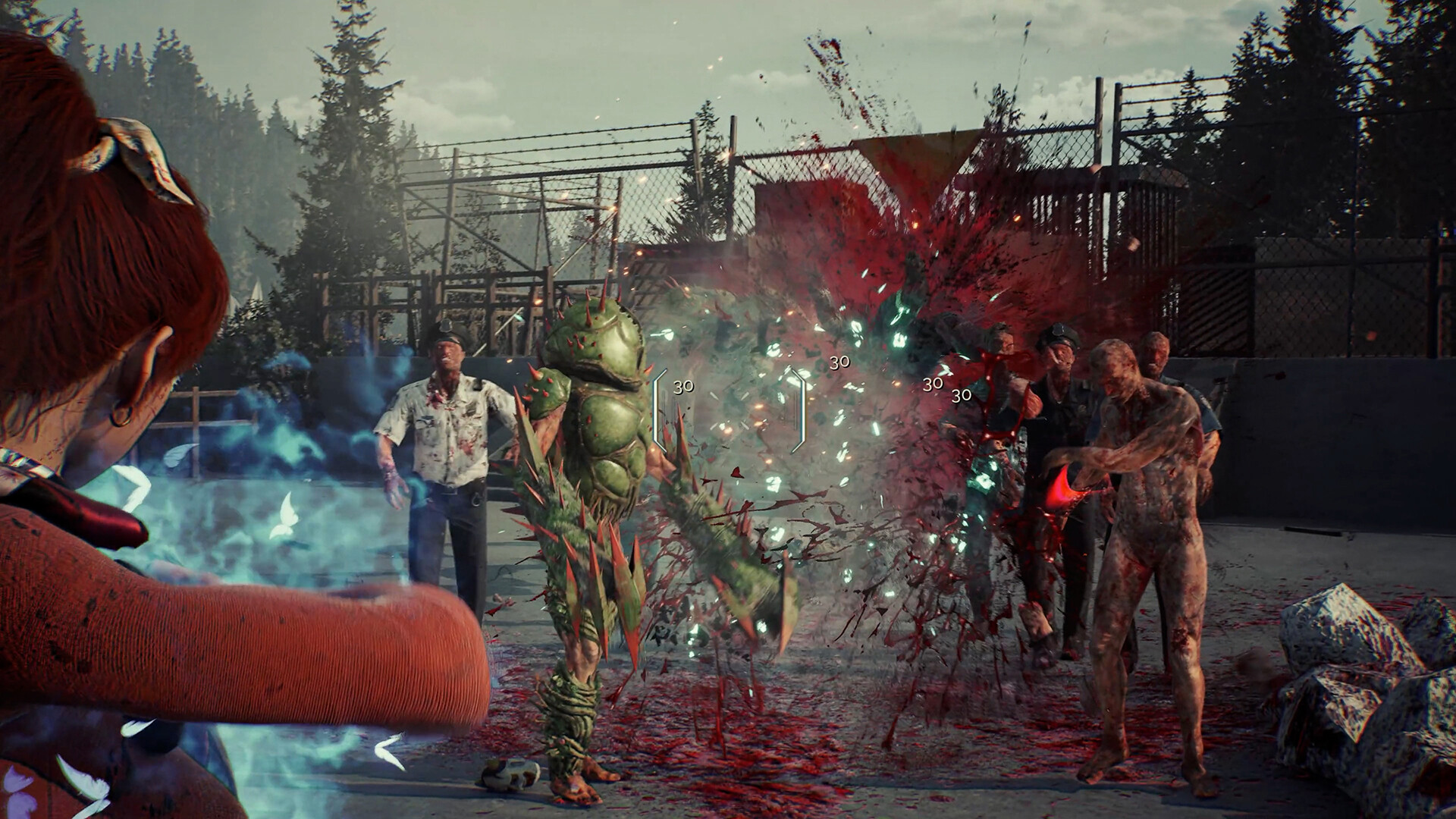 Chigusa Choko fights a crowd of zombies and a large green spined creature in a fenced yard, with damage numbers rising over the enemies