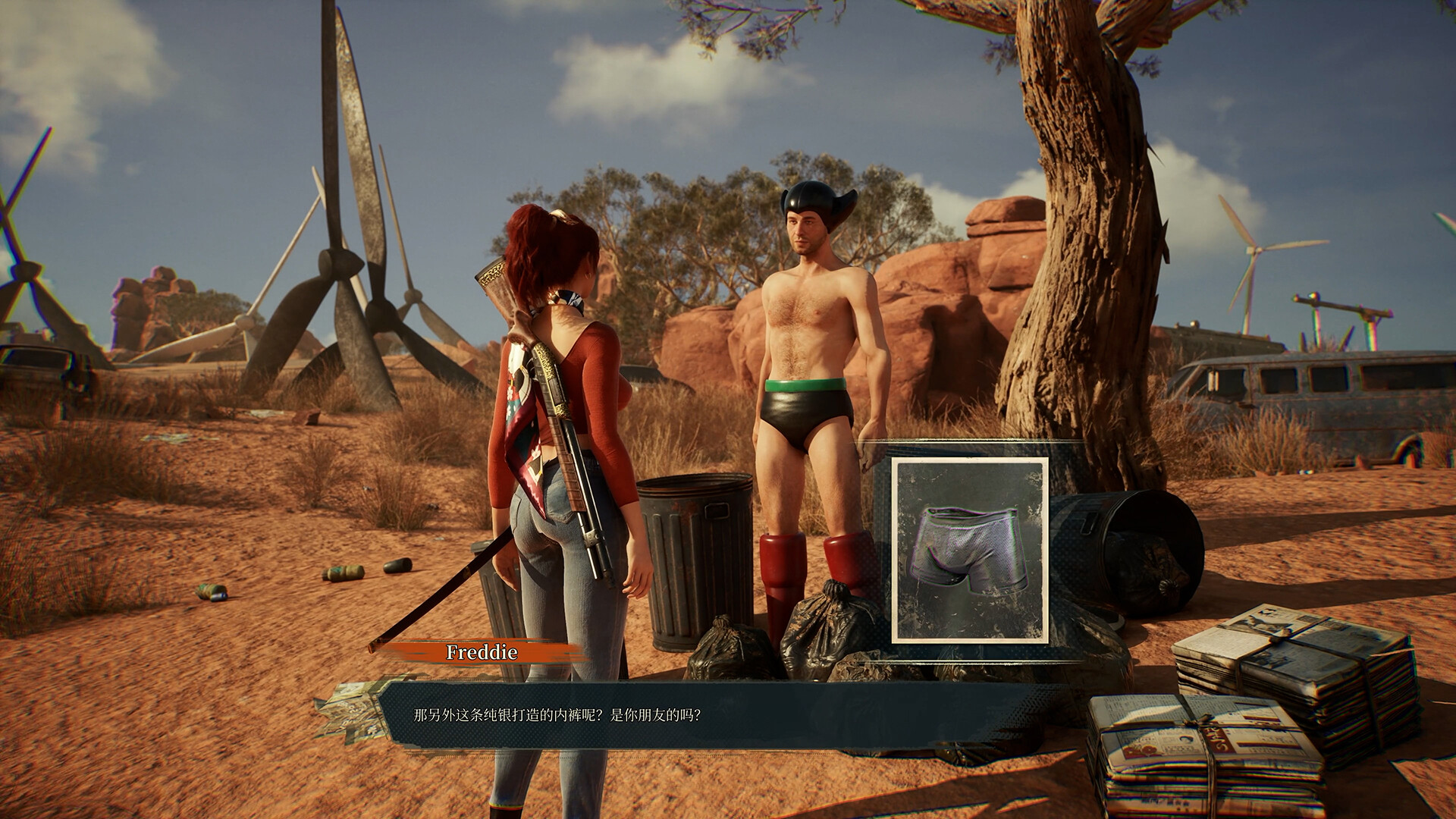 A dialogue exchange with a character named Freddie at a roadside junk pile in the desert, with an item preview shown beside the conversation box