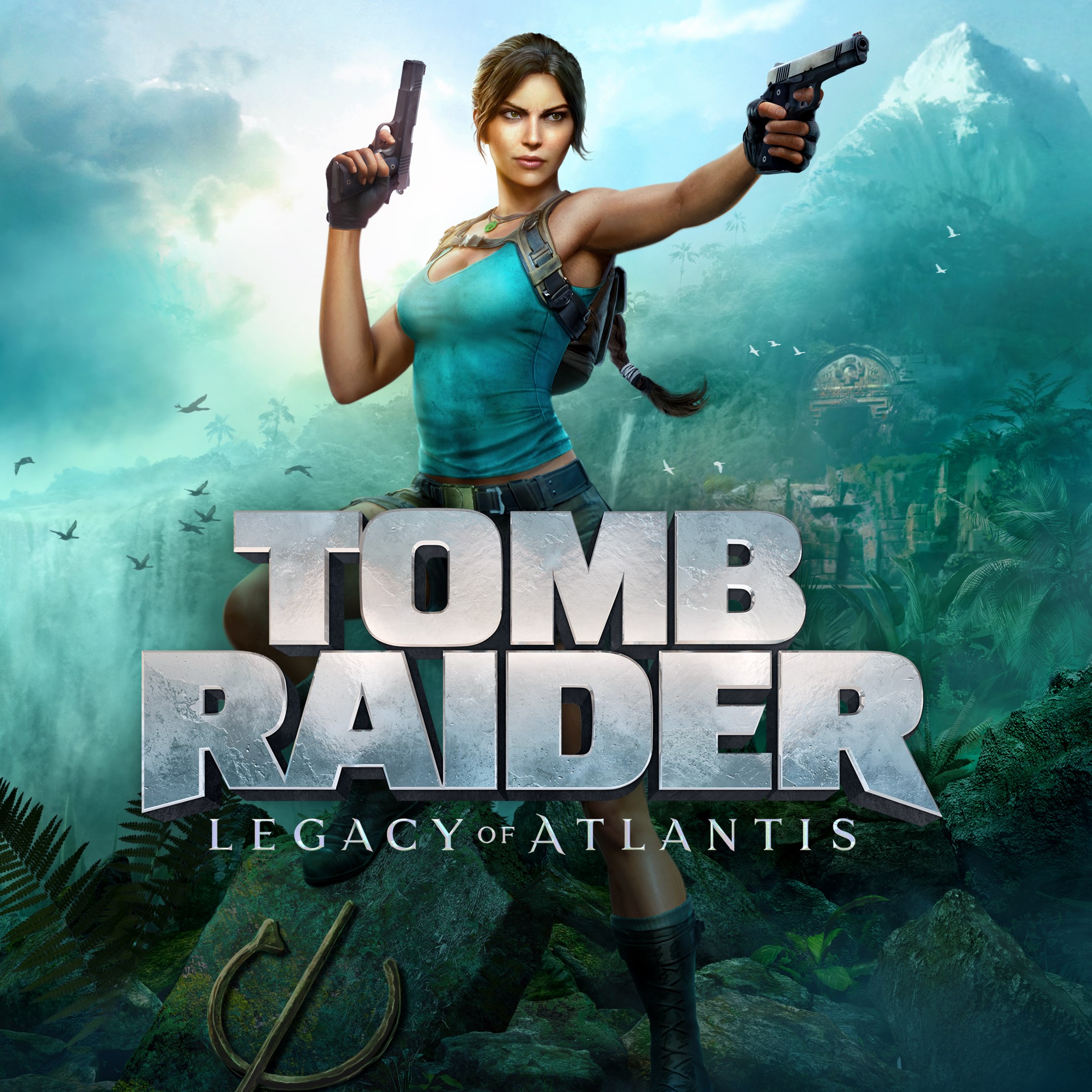 Key art for Tomb Raider: Legacy of Atlantis: Lara Croft stands on a rock ledge with a pistol raised in each hand, above a misty jungle valley with a waterfall, overgrown stone ruins and a snow-capped peak behind her, with the game logo across the lower half