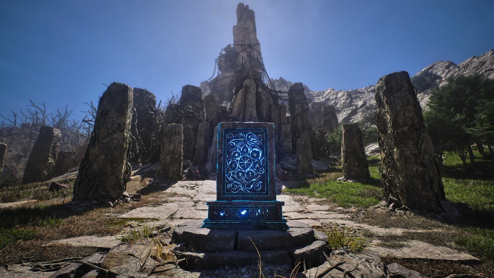 A carved stone tablet glowing blue inside a ring of standing stones below a chained rock spire in ArcheAge Chronicles