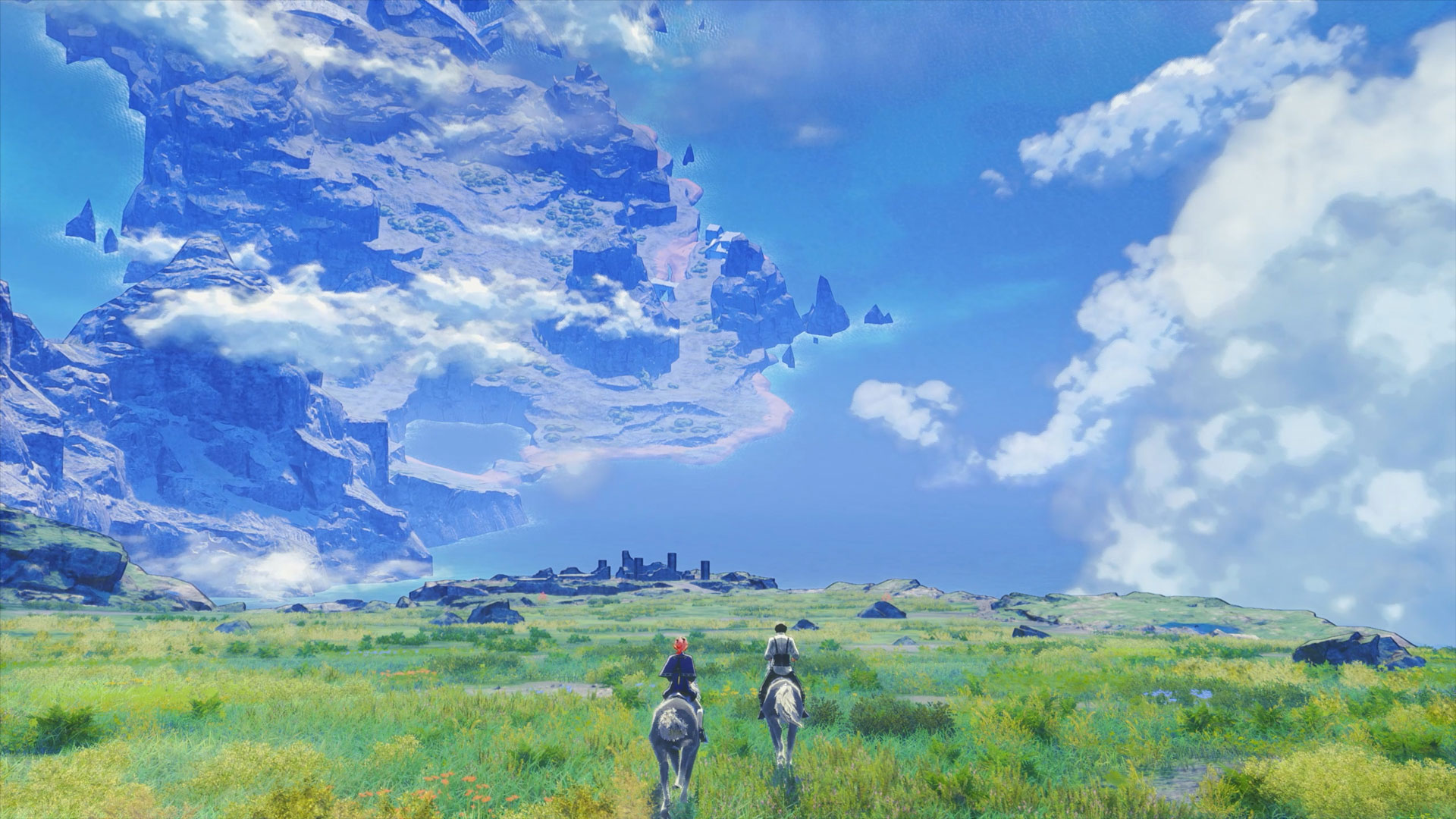 Two riders crossing a grassland in Xenoblade Genesis beneath an immense landmass suspended in the sky, with distant ruins on the horizon
