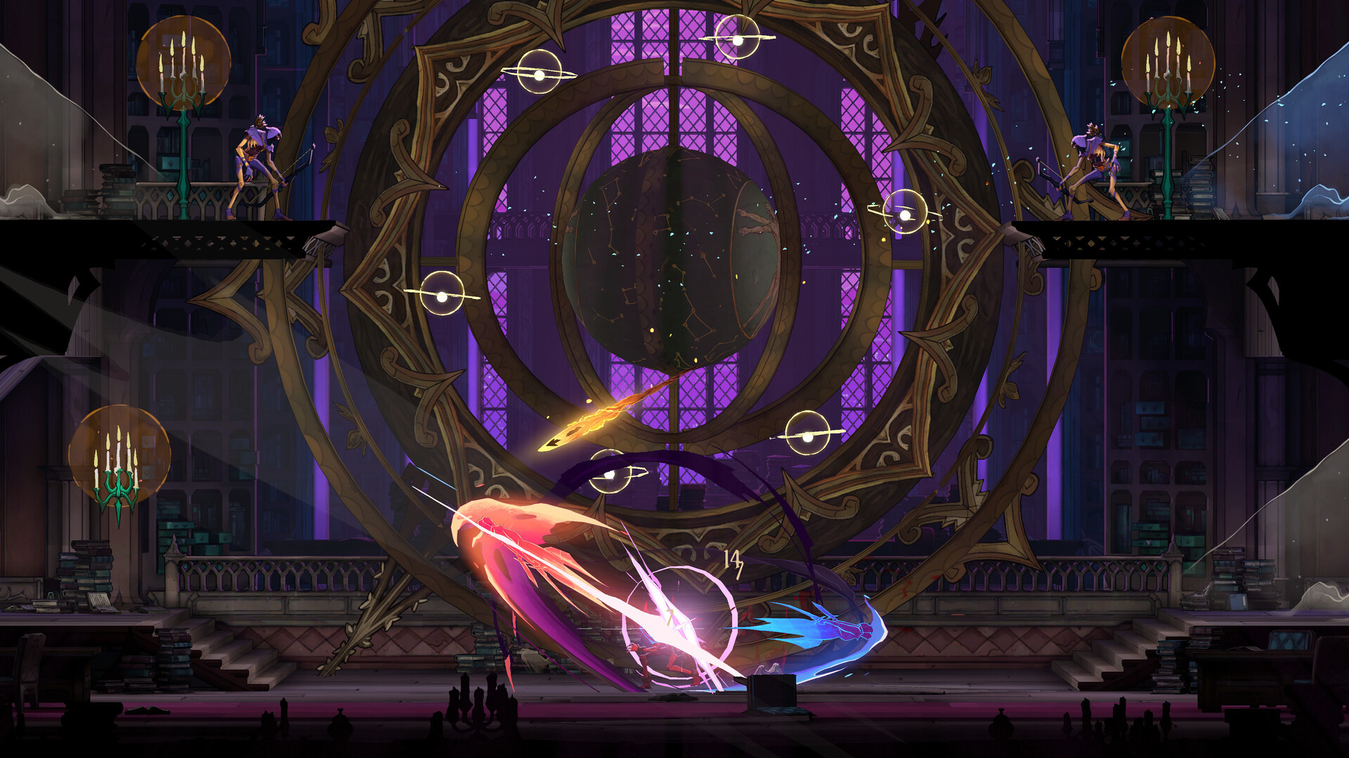 A wide magic blast erupts beneath a vast zodiac ring and constellation globe in a ruined library, with skeleton archers on the ledges