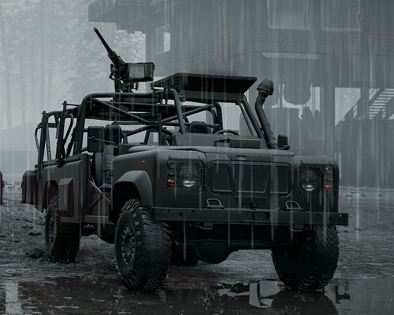 The Wolf-110 (Assault) with a heavy machine gun on a ring mount above its roll cage, parked in the rain in WARDOGS