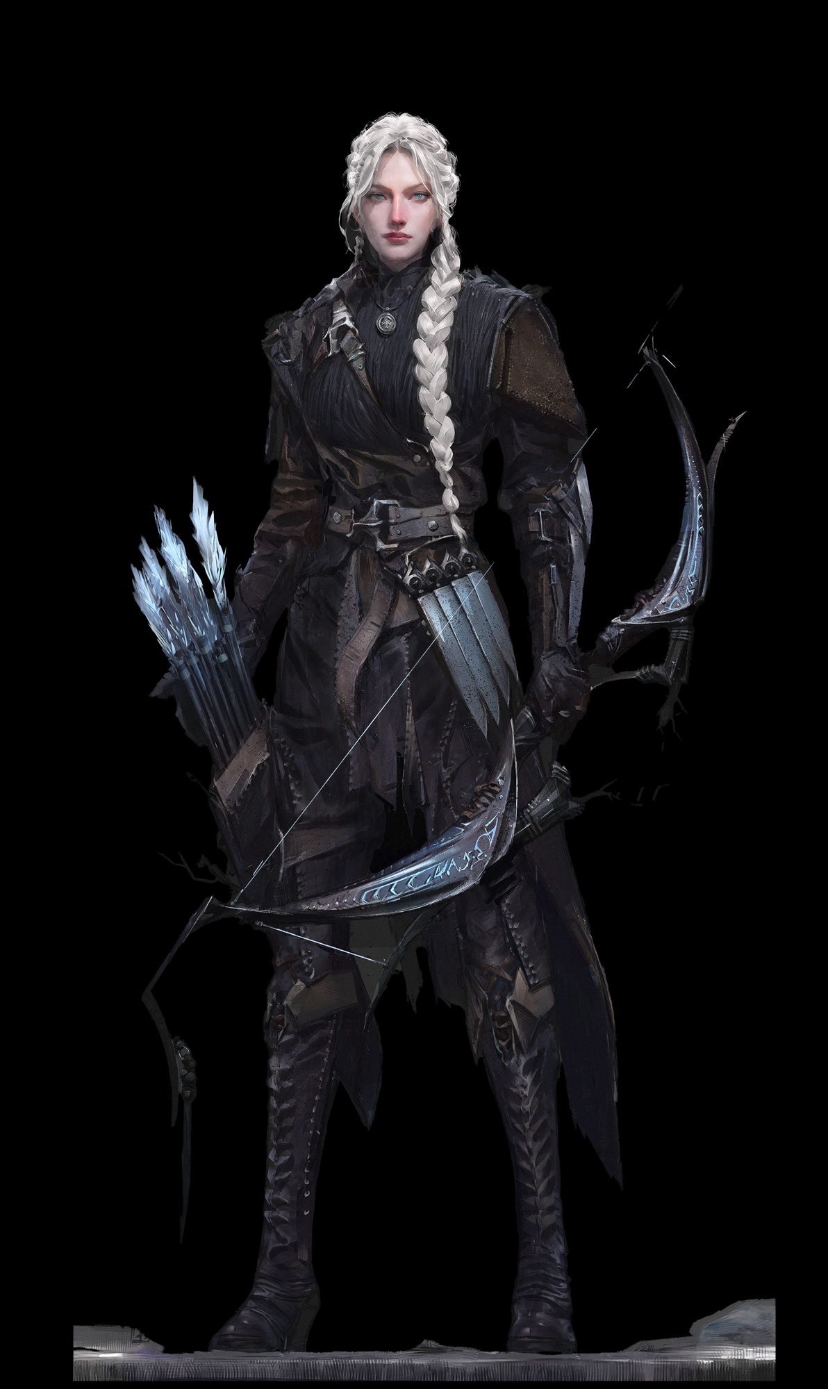 Female Nightstalker concept art for Embers of the Uncrowned: braided silver hair, dark leather and slim robe, longbow and quiver of frost-crystal arrows