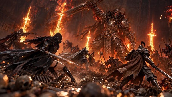 Concept illustration of warriors fighting before a colossal armored demon amid flames, from the developer note describing the beings that rule each region