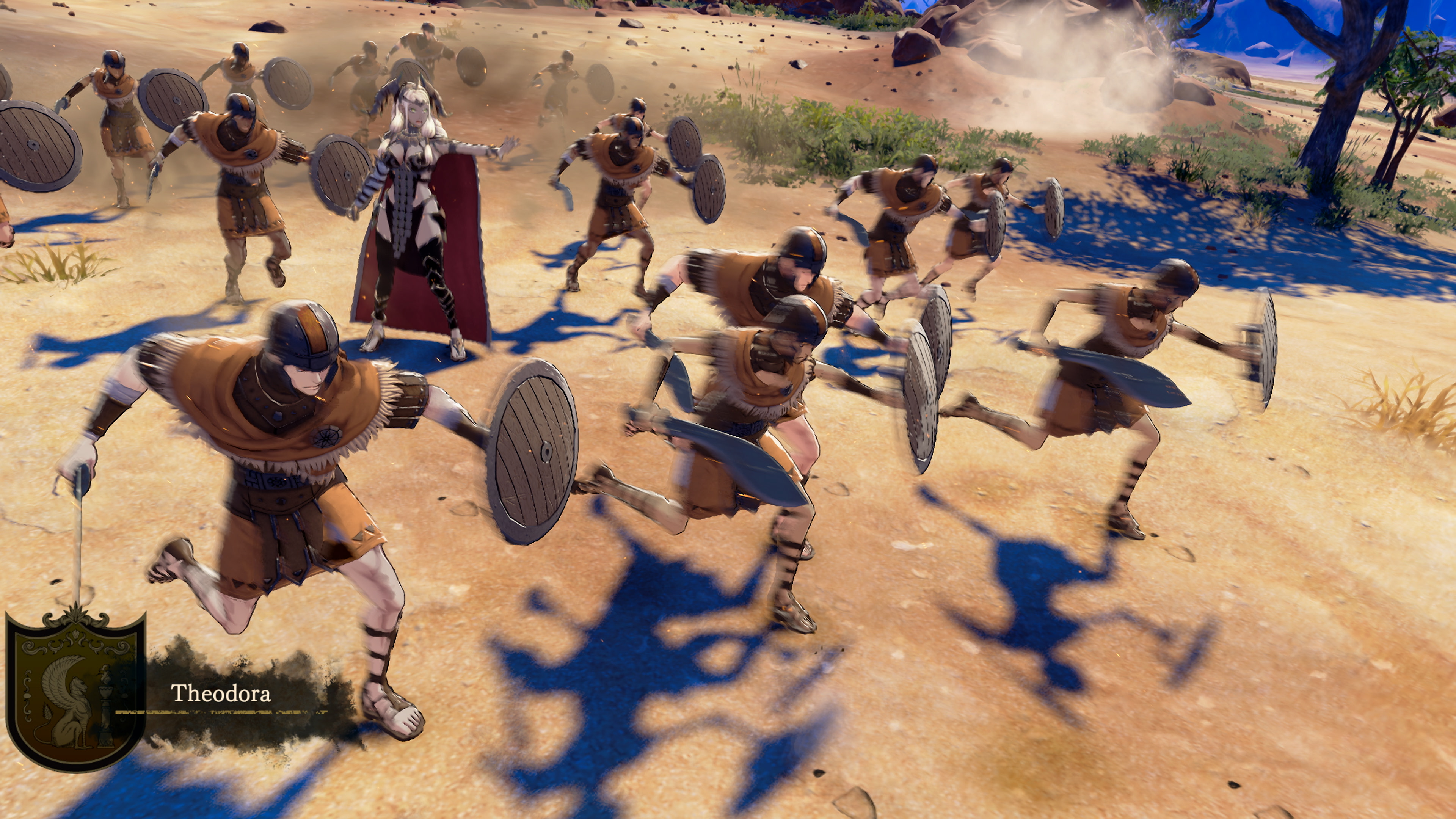 Theodora commanding a battalion of shield-bearing soldiers charging across desert ground