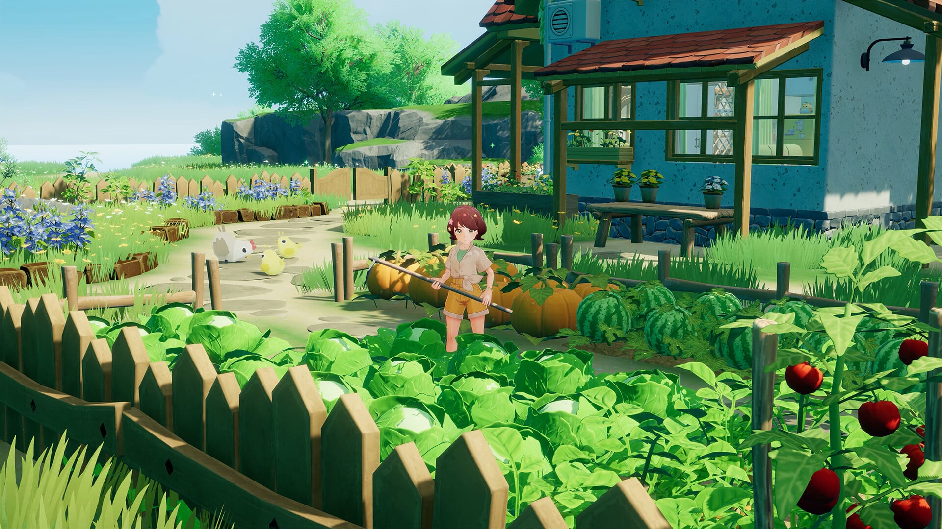 Lush farm garden with cabbages, pumpkins, watermelons, and tomatoes