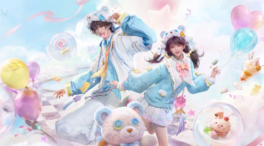 Official art of the 赏味甜心 candy-themed outfit set with its bear-ear 甜心帽 hat, worn by a male and a female player character among balloons and sweets